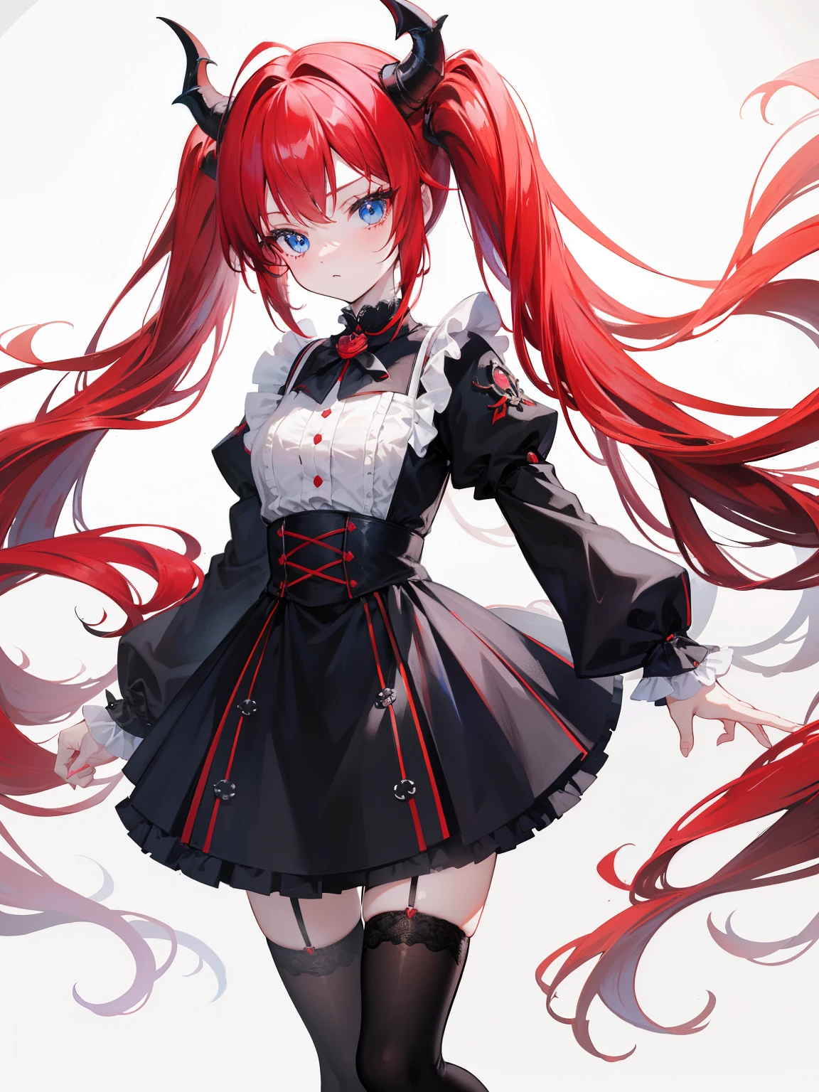 red hair,blue eyes,twintails, long hair, long sleeves, gothic, solo, loli,Short skirt, black stockings,{{best quality}}, {{masterpiece}}, {{ultra-detailed}}, {illustration}, {detailed light}, {an extremely delicate and beautiful}, girl,cute,dragon horns