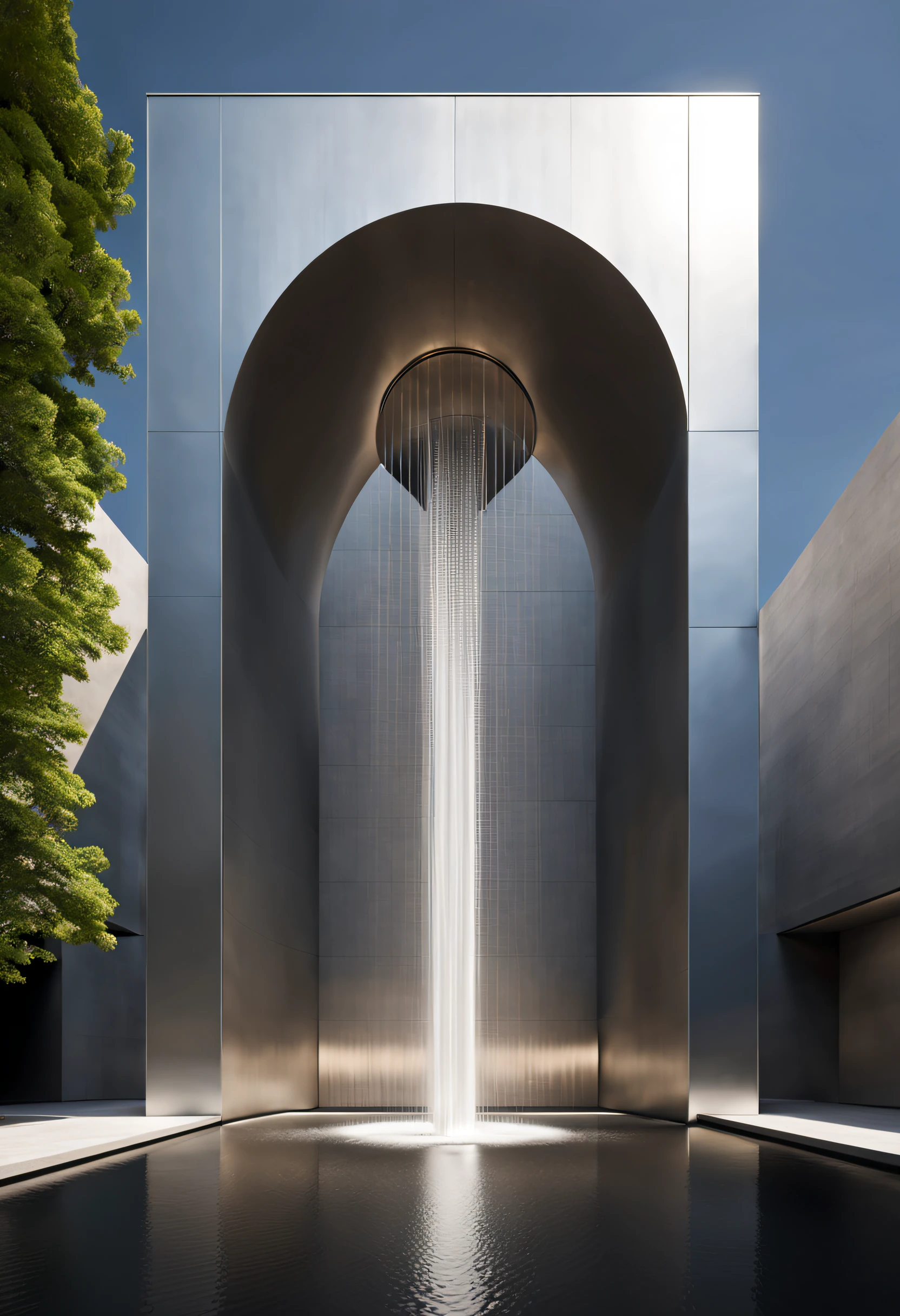 Special-shaped metallic fountain with a sense of technology, background: Minimalist gray architecture with a sense of technology,by Peter Zumthor,extremely detailed, best quality, masterpiece, high resolution, Hyperrealistic, ray traced,Loop lighting,by Shigeru Ban,by Philip Johnson,top-view, low angle view,