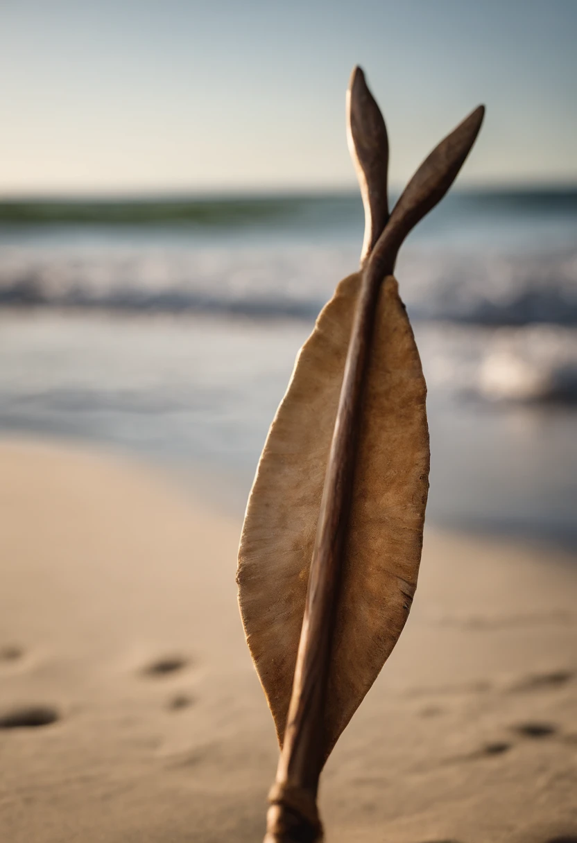 A photo of a hand-crafted fishing spear made from a sharpened wooden stick and a carved seashell for the tip,Cast Away (2000),Chuck Noland, portrayed by Tom Hanks in the film “Cast Away,” is currently stranded on a deserted island in the Pacific Ocean. Sunburnt and bearded, with long, unkempt hair, his physical condition reflects the harsh realities of island survival.