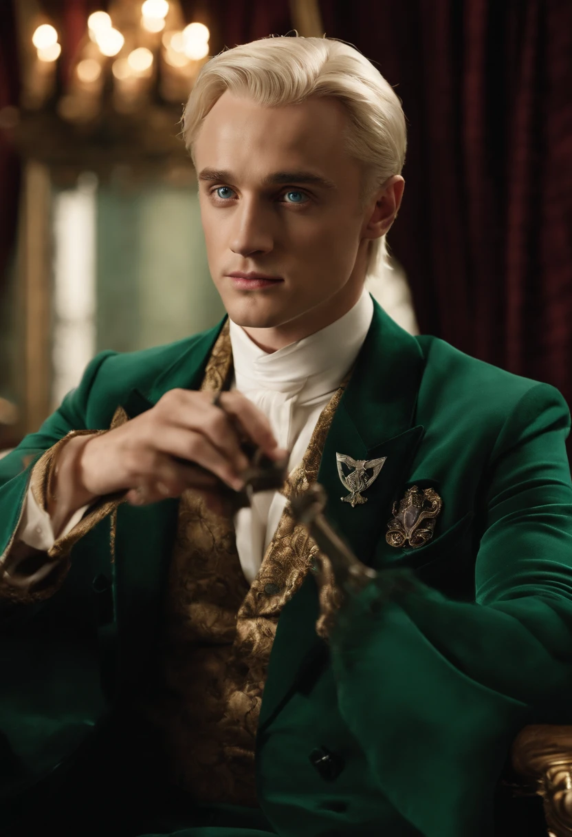 A photo of Draco Malfoy standing in a luxurious private box at the opera, holding a pair of opera glasses.,Harry Potter series,Draco is tall with neat platinum blonde hair, icy blue eyes, wears Slytherin Hogwarts robes, famously portrayed by Tom Felton