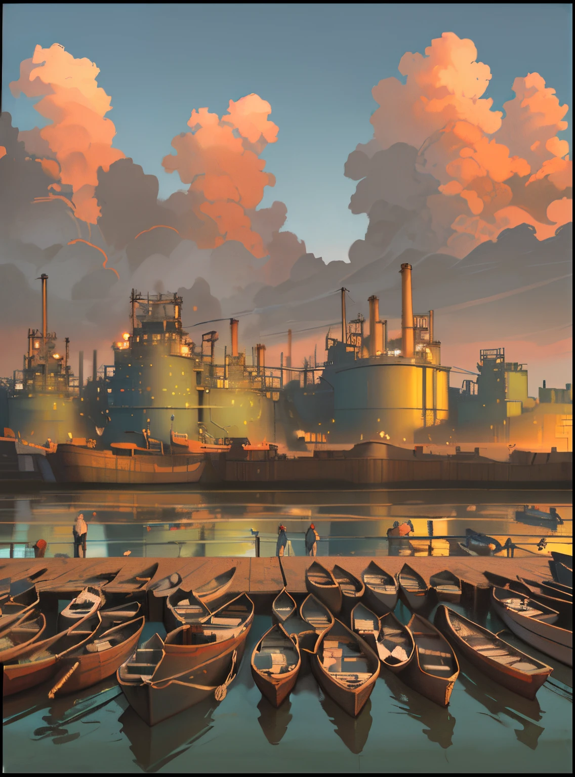 In the morning with beautiful blue skies and golden sunlight, boats are lined up on the beach near a factory, chemical plant, industrial colours, industrial setting, by Ni Yuanlu, The small ship is docked at the side of the chemical fertilizer factory, and the service vessel is docked at the coast, in a sci-fi shipping port, industrial background, port scene background, industrial photography, by Yi Jaegwan, by Shitao, oil digital painting, by Han Gan, surreal scene, beautiful oil matte painting, beautiful