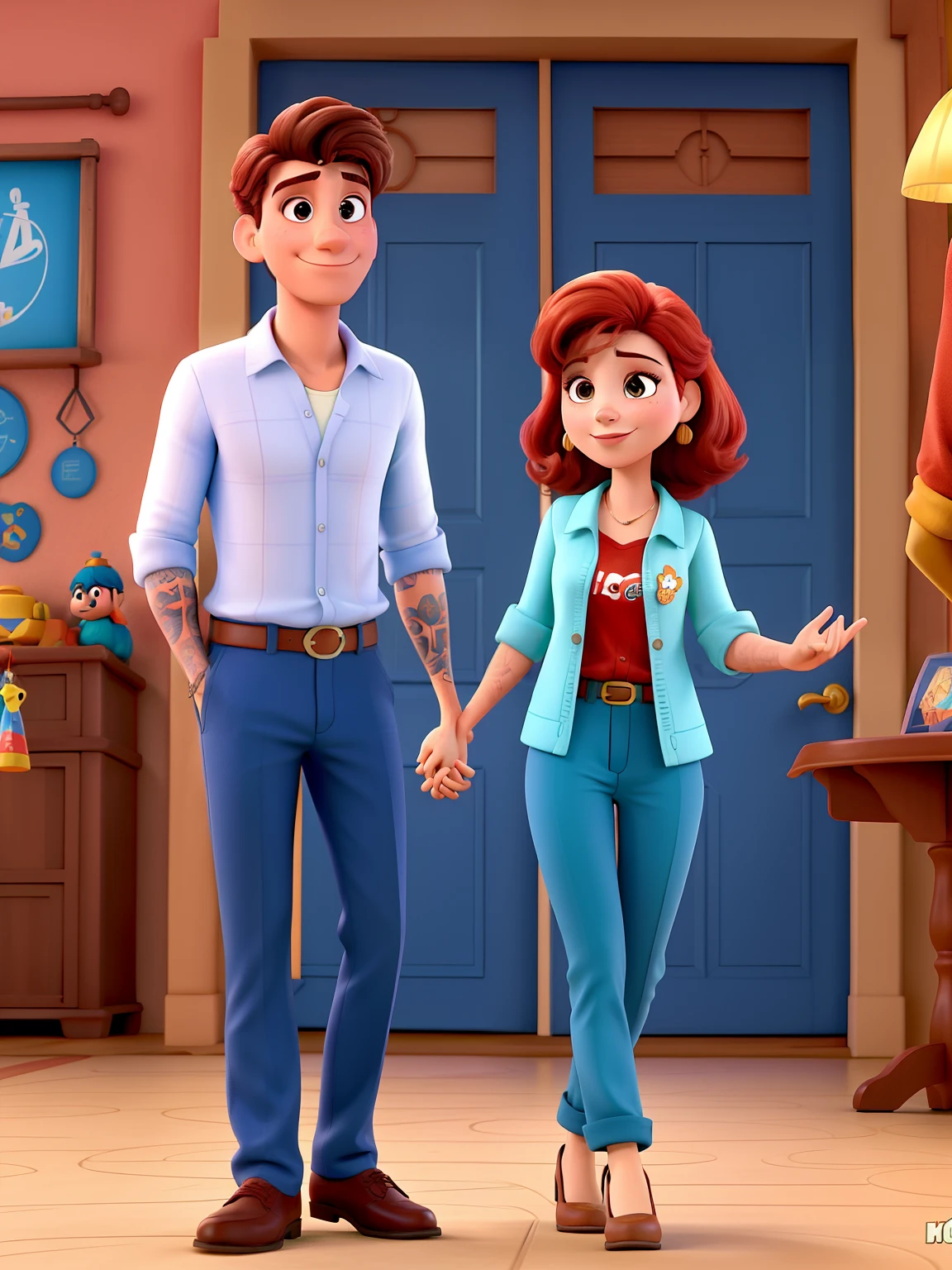 Casal (homem moreno e mulher branca) no estilo Disney Pixar, alta qualidade, melhor qualidade.