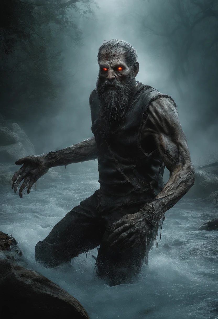 Imagine a nightmarish scene where a high-realistic robotic male zombie emerges from a chilled river in a terrifying environment. This nightmarish figure is meticulously rendered with a half of its hair intact, sporting a disheveled beard, and bearing a scar on its face that adds to the horror.

As this zombie emerges from the icy river, the chilling waters cascade from its mechanical form. The environment is shrouded in an eerie darkness, with mist hanging in the air, creating a palpable sense of fear. The realistic rendering of the robotic features, combined with the undead characteristics, blurs the line between man and machine in a truly terrifying way.

This professional and spine-chilling portrayal captures the essence of horror as the robotic zombie, with half a head of hair, a beard, and a facial scar, emerges from the frigid river in a nightmarish environment, sending shivers down the spine of anyone who beholds the scene.
