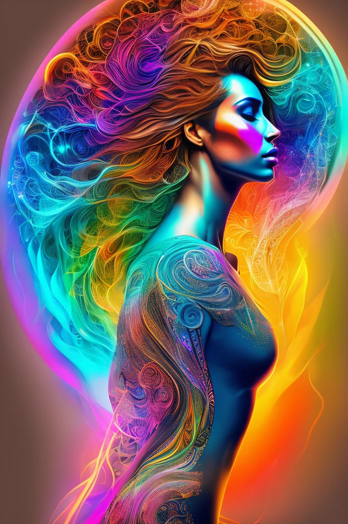 high quality, 8K Ultra HD, Imagine a vibrant canvas illuminated by a cascade of colorful binary code, forming the silhouette of a captivating brown wavy flowy hair woman, The dynamic lines and patterns, reminiscent of a digital dance, weave together to create a harmonious fusion of technology and art, The binary code, in hues ranging from electric blues to radiant reds and vivid greens, breathes life into the woman's form, Her silhouette emerges as a synthesis of the digital and the organic, a testament to the seamless integration of technology and beauty in your masterful creation, high detailed, she is standing infront of a wicked character but her body language embodies her courage