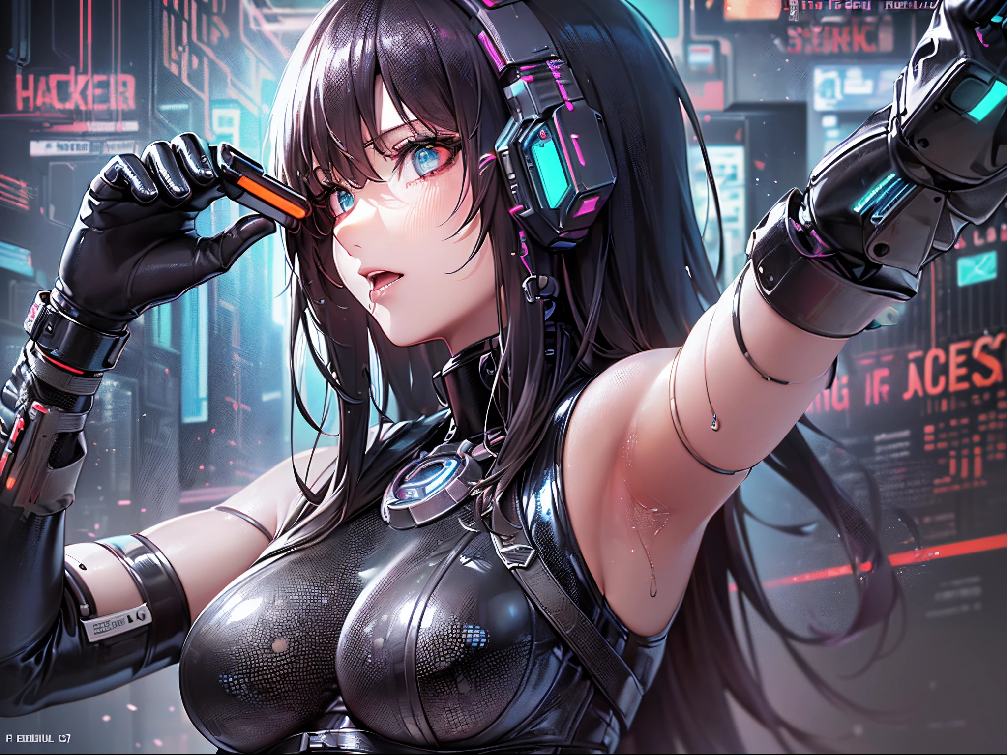 ((Finest quality)),(超A high resolution),(ultra-detailliert),(Meticulous portrayal),((Best Anime)),(Finest works of art),(Ultra-Precision Art),(The art of astounding depiction,Overwhelming depiction:1.5), (top quality cyberpunk:1.5), (Female Hacker:1.5),(form-fitting latex suit:1.5),Connecting jack on neck:1.6,