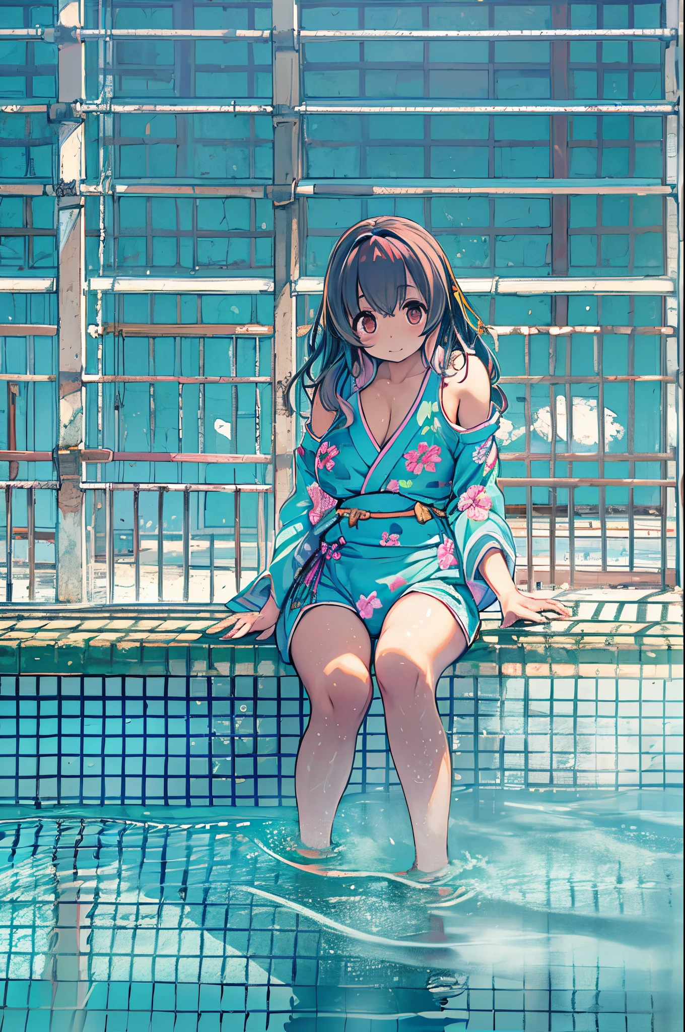 blue one-piece swimsuit,Photo of a Beautiful 20 years old Japanese girl in school pool side.