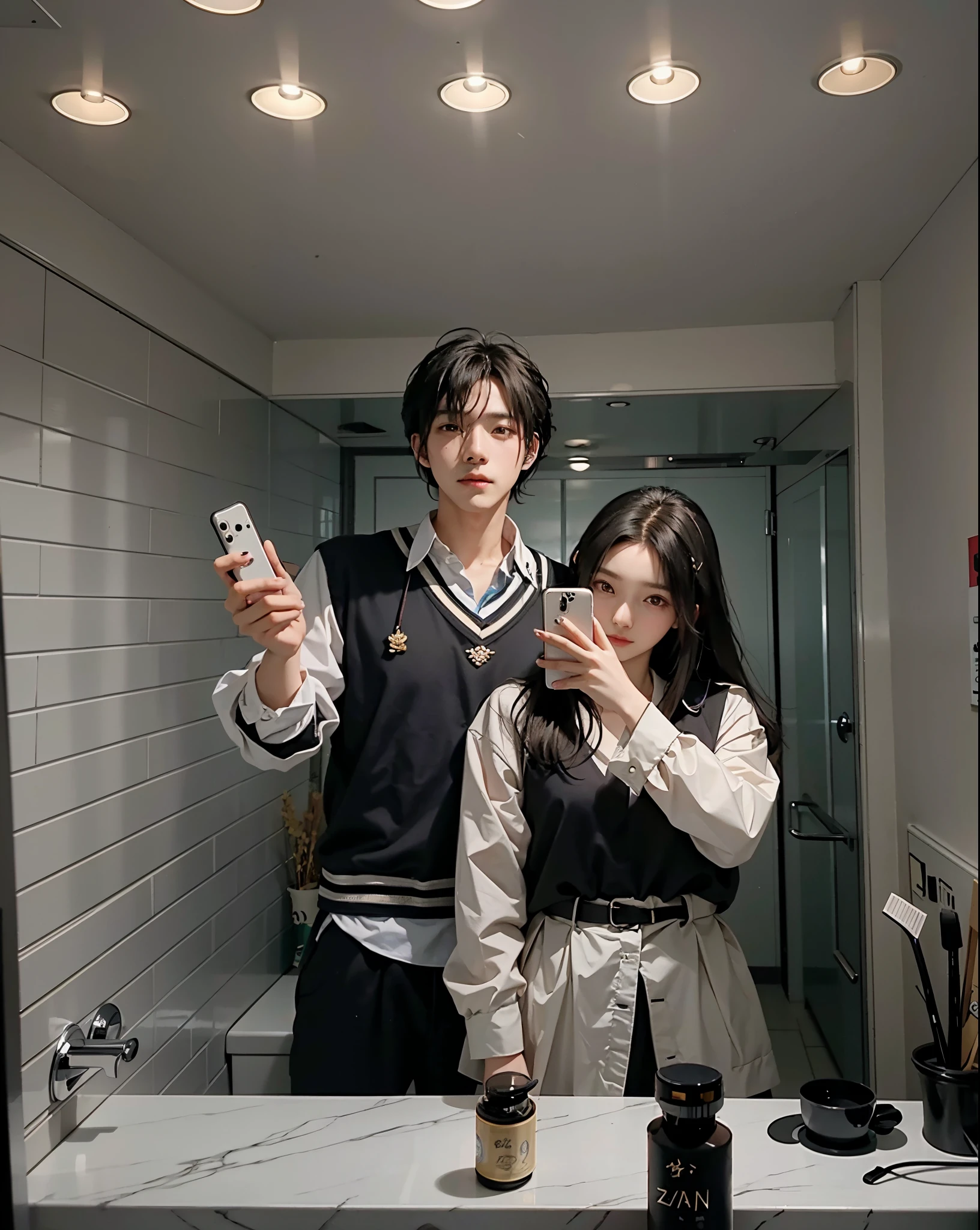 there is a man and woman taking a selfie in a bathroom mirror, kda and sam yang, ruan jia and brom, cai xukun, ruan cute vtuber, lovely couple, & jeehyung lee & wlop, ruan jia and fenghua zhong, profile pic, jk uniform, they are siblings