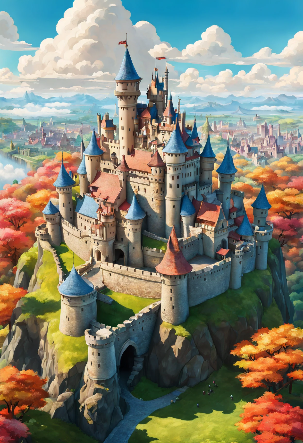 A fusion of Hayao Miyazaki and Studio Ghibli's art style, [castle|sky fortress], soaring amidst the clouds, splendid view of an (animated kingdom in the sky:1.5), as seen through the lens of a (drone:1.2), captured in vivid, panoramic 8K, painted with whimsical colors, set in a (sunlit afternoon), featuring meticulous details of the castle architecture, capturing the essence of a dreamlikeart and mdjrny-v4 style, nostalgic lighting setting a vintage charm, highlighted by a [(Steven Spielberg:1.2) inspired cinematic magic], intricate detailing reminiscent of Claude Monet and Vincent van Gogh's style, a fairytale come alive in a (telephoto lens) shot