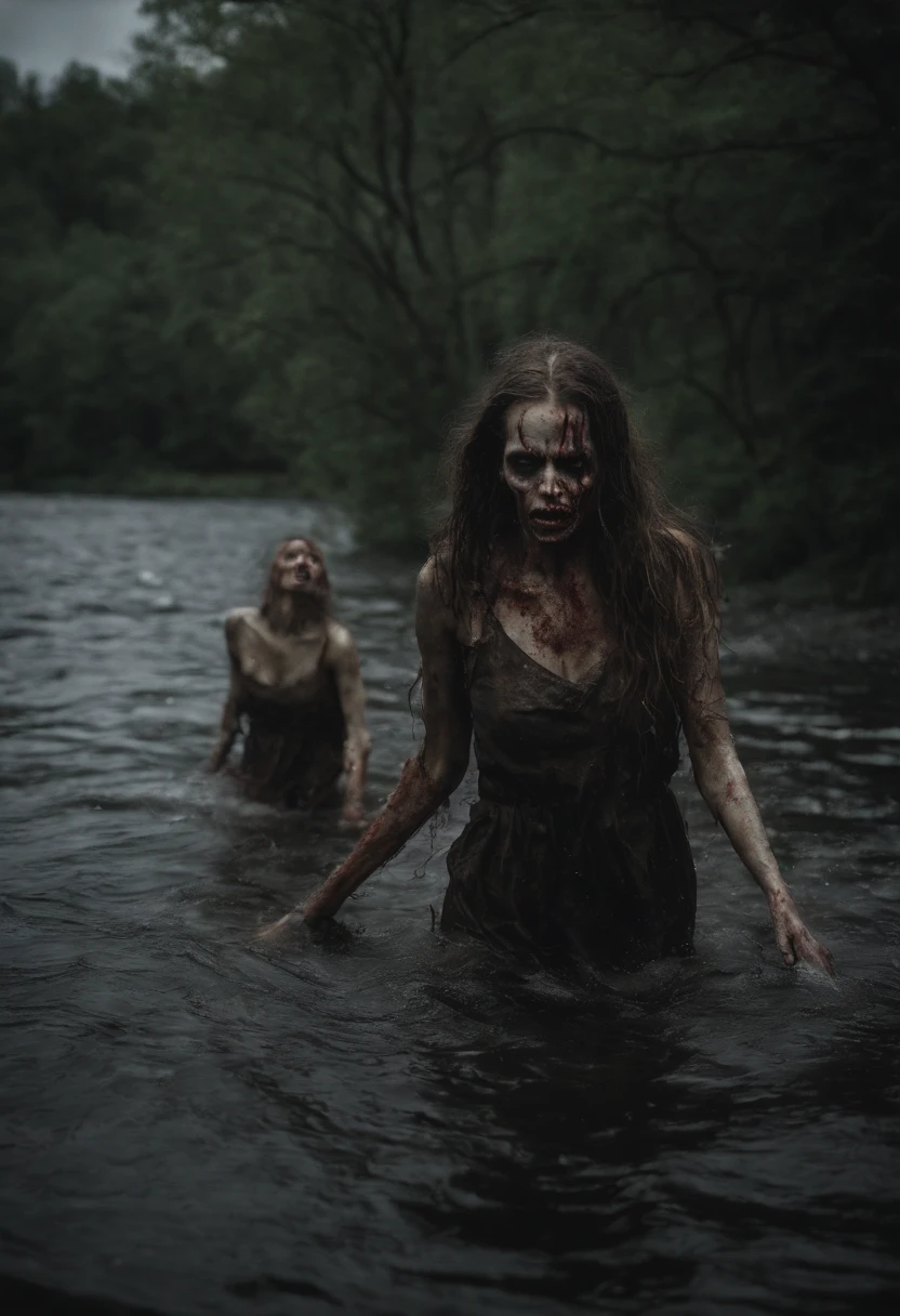 Picture a horrifying and realistic scene as zombie women emerge eerily from a dark and chilling river. The atmosphere is steeped in horror and creepiness, with the undead figures rising from the water with a nightmarish allure. The realistic rendering captures the unsettling details of their decaying features, invoking a spine-chilling sense of dread.
The scene is dimly lit, shadows dancing on the twisted forms of the zombie women as they ascend from the murky depths. Their hair hangs wet and matted, adding to the overall eerie ambiance. The water drips from their lifeless limbs, and their vacant eyes contribute to the unsettling realism.
This professionally envisioned and spine-tingling portrayal encapsulates the horror genre, delivering a nightmarish image of zombie women emerging from a chilling river, ready to haunt the imagination with their ghastly presence.