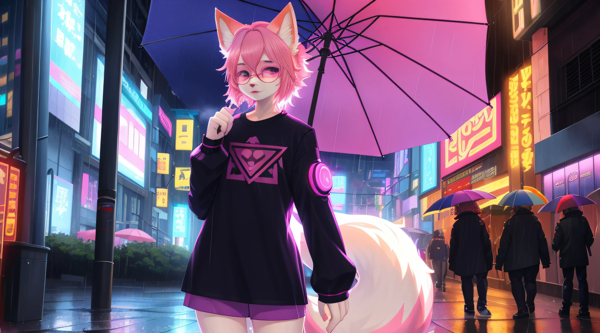（cyber punk perssonage）White fur fox beautiful face jewel-like glasses soft pink hair furry limbs looking around raining city streets glowing t-shirt umbrella beautiful light and shadow、ambient lights、Ultra-fine fur、Volumetric light is ultra-detailed
