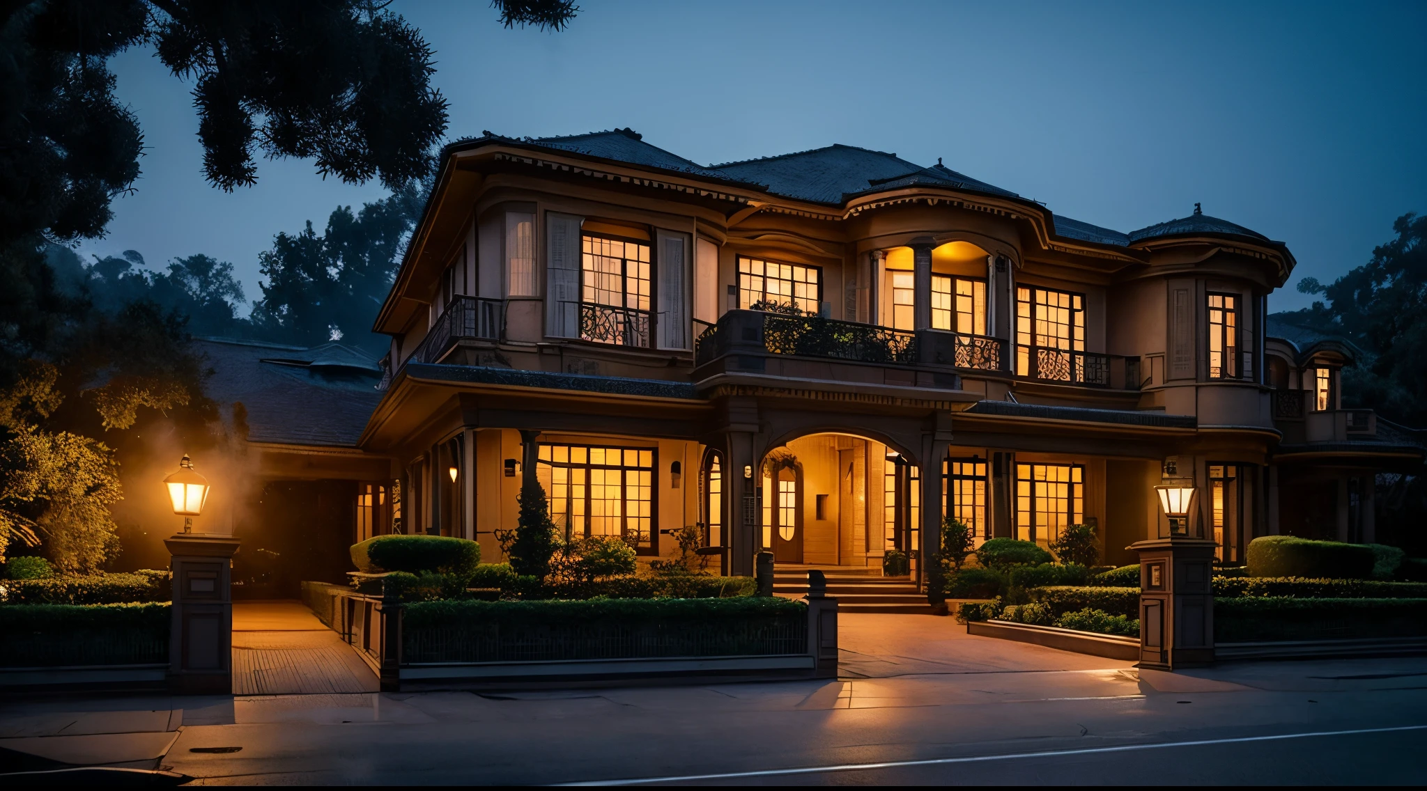 moderno western building in woods murky natta mansion mansion foggy Seedy 建筑 Seen from outside You can see the whole building mansion seen from the garden The sky is dark during night streetlights