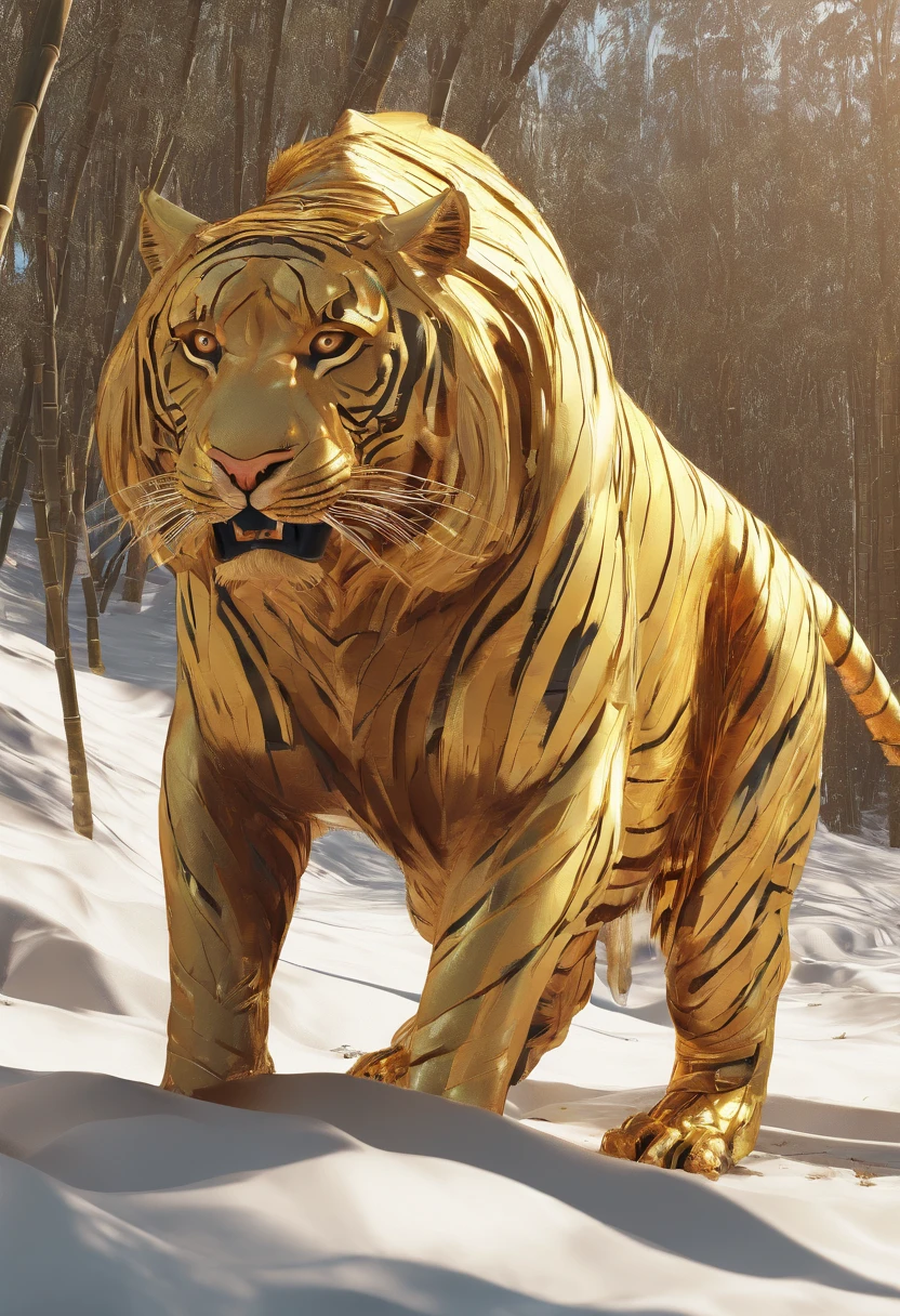 Standing on all fours by a huge golden tiger，In the bamboo forest，Folk suspense comic book style，SENSE OF CINEMA，フォトリアリスティック，。.3D