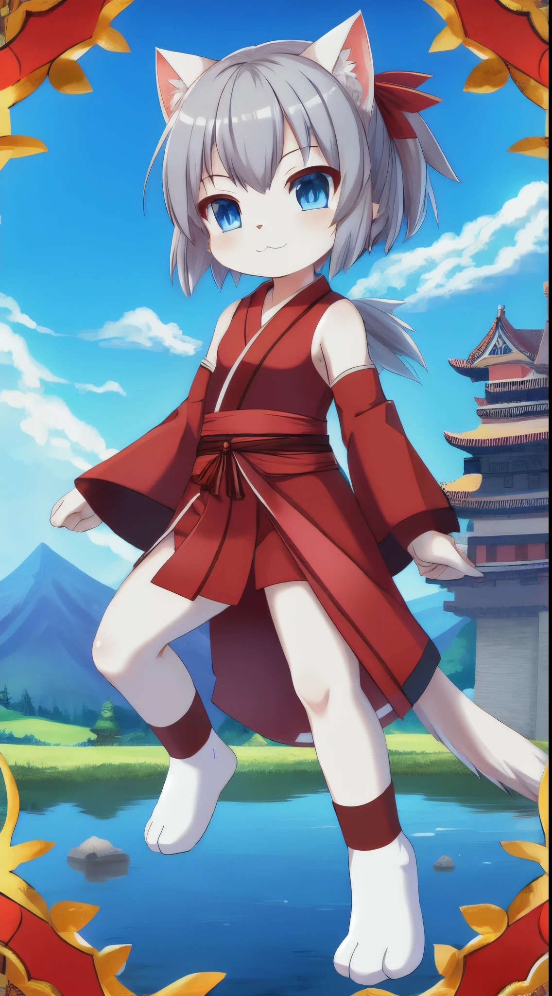 Furry girl, cat, young, gray hair, spiky hairstyle, spiky bangs, blue eyes, small breasts, white body fur, detailed body, detailed face, detailed eyes, glistering body, shiny body, gorgeous body, feets whit three toes, masterpiece, high quality, anime style, red headband, red kimono, sleeveless, kunoichi clothes, full body, standing, :3, japanese castle, mountain, clear sky, kunoichi socks, kunoichi gloves,