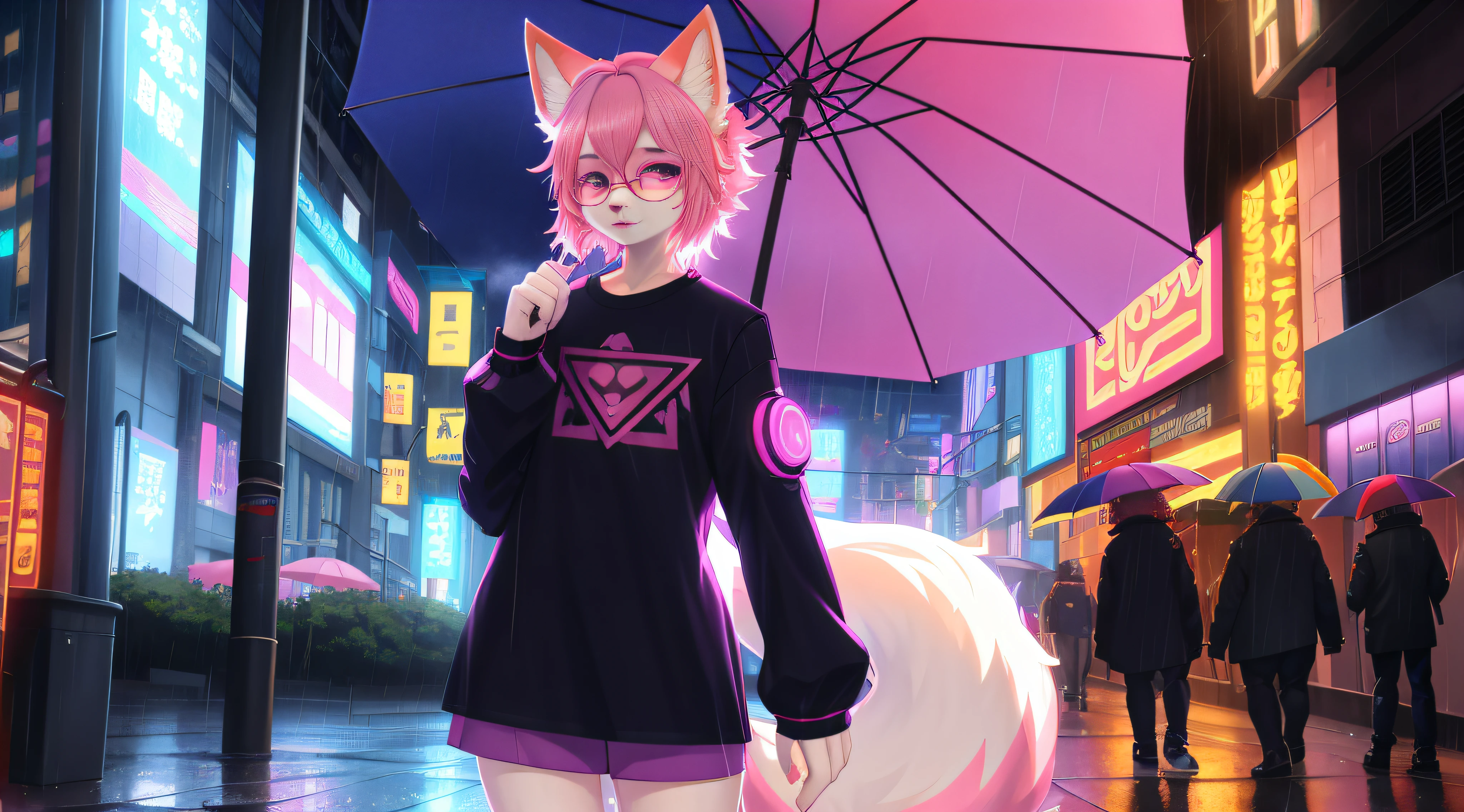 (cyber punk perssonage)White fur fox beautiful face jewel-like glasses soft pink hair furry limbs looking around raining city streets glowing t-shirt umbrella beautiful light and shadow、ambient lights、Ultra-fine fur、Volumetric light is ultra-detailed