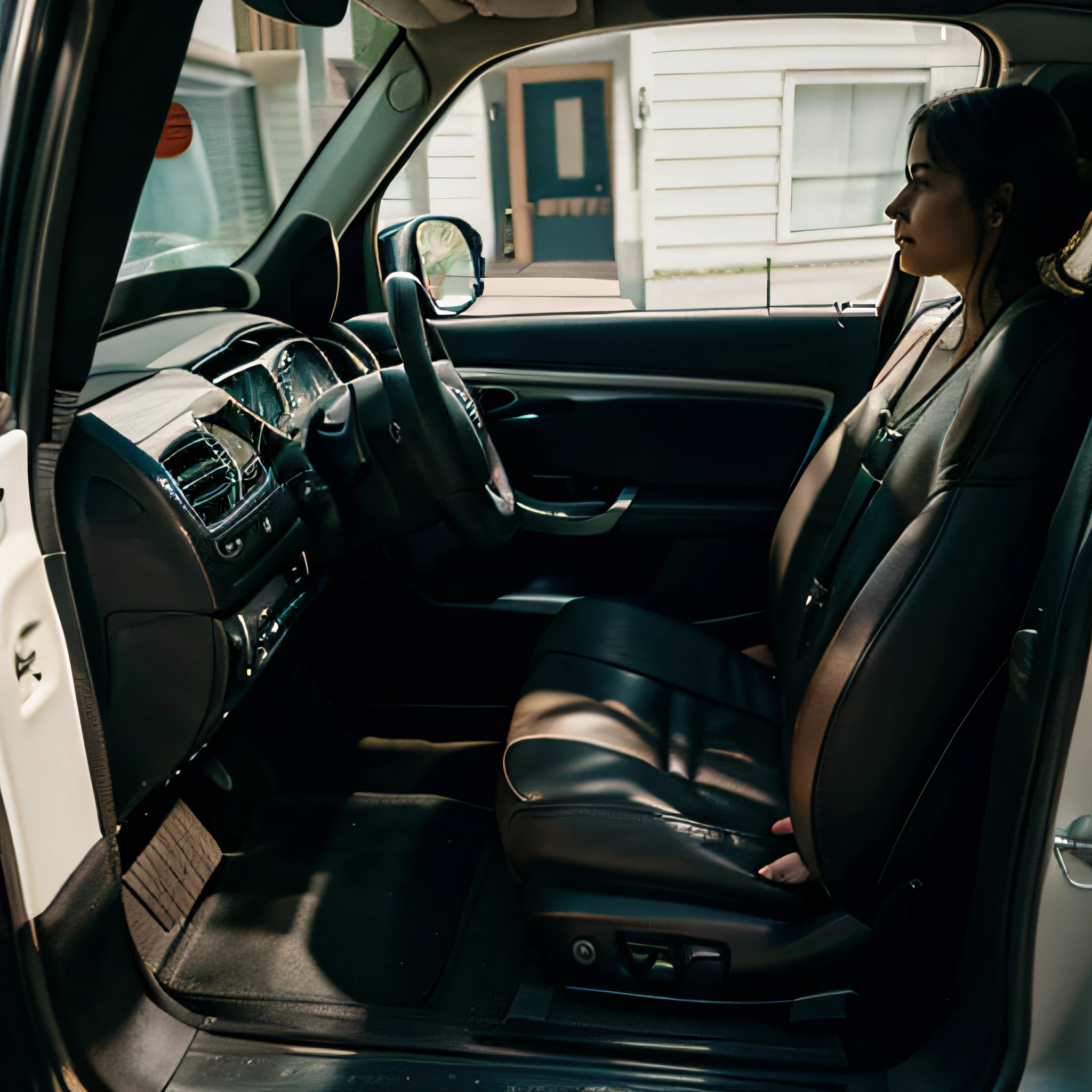 A woman tries to ride in a car and puts one foot inside the car and one foot outside the car , wide angle , outside car , street , building , man open the door