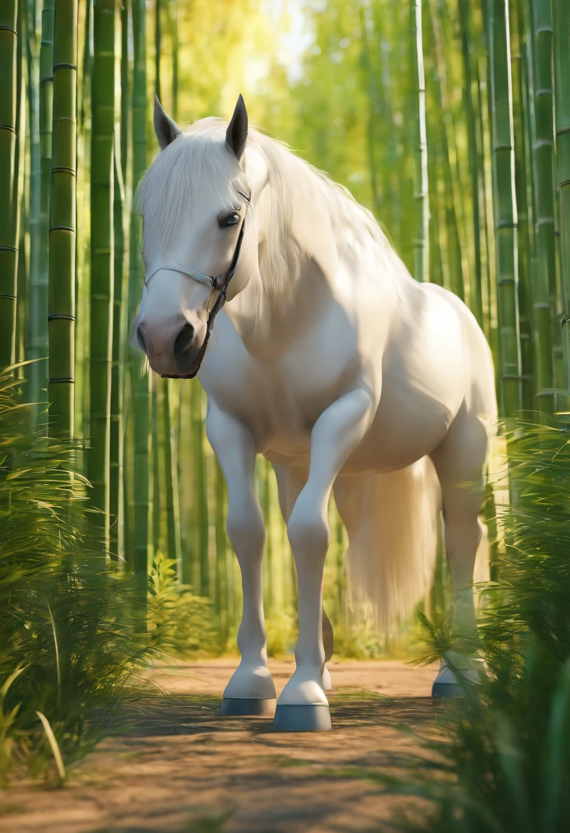 Standing on all fours by a huge white horse，In the bamboo forest，Folk suspense comic book style，SENSE OF CINEMA，フォトリアリスティック，。.3D