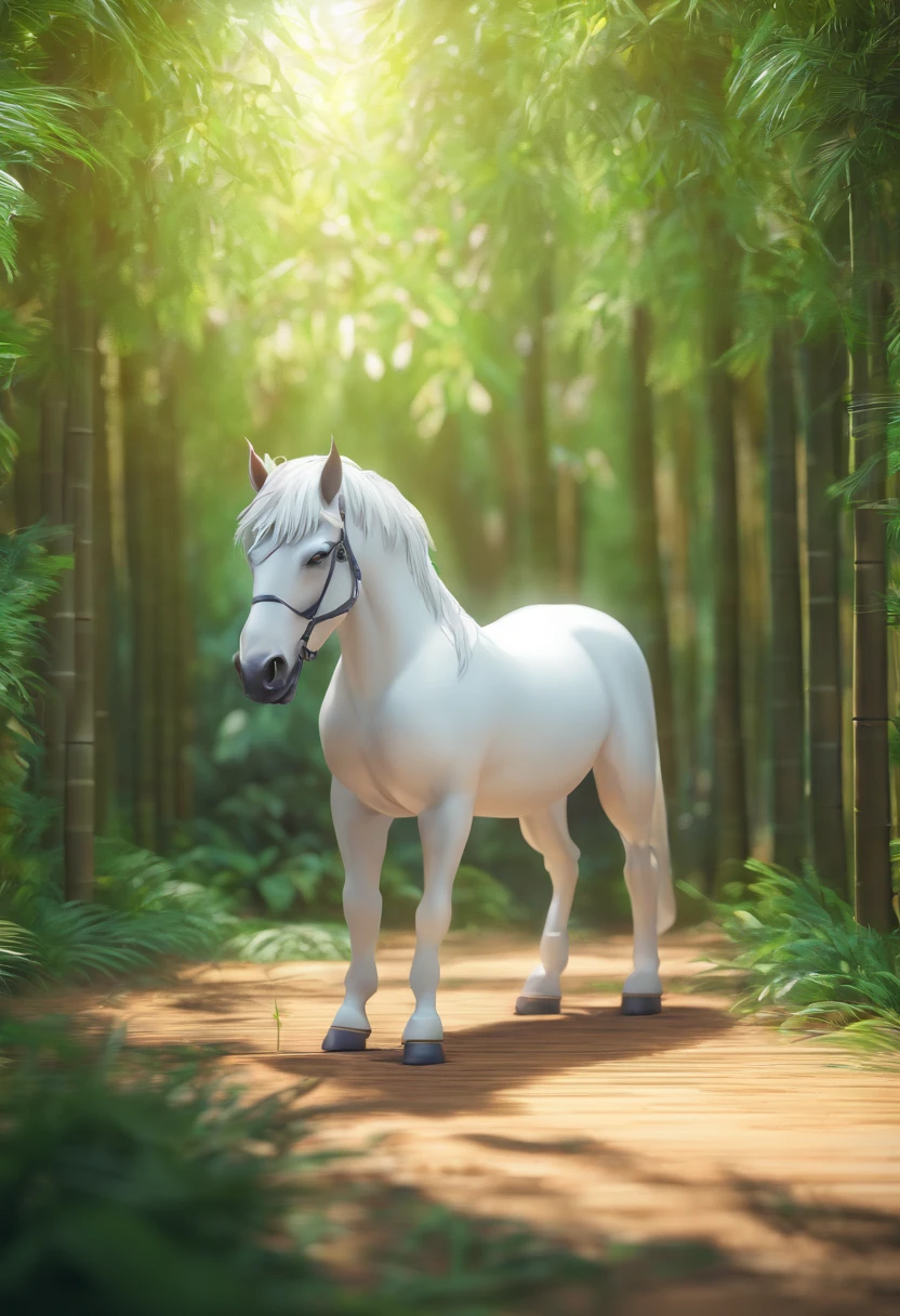Standing on all fours by a huge white horse，In the bamboo forest，Folk suspense comic book style，SENSE OF CINEMA，フォトリアリスティック，。.3D