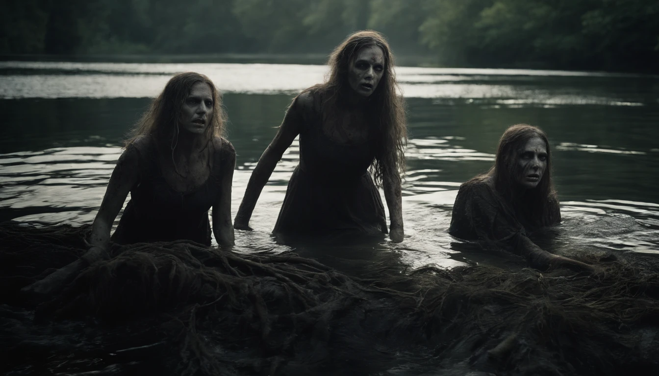 Three Qalupalik women slowly emerge from the dark water of a frozen lake. Their faces are distorted and frightening, with bright, piercing eyes that seem to peer into the soul. Their long, disheveled, seaweed-like hair floats around them, while their bodies are shrouded in dark veils that mingle with the water. Moonlight illuminates their pale, translucent skin, accentuating the wrinkles and ominous features of their faces. A light mist floats on the surface of the water, adding an atmosphere of mystery and danger. Bubbles billow around them, and a distant murmur, like a melancholy song, echoes in the air.