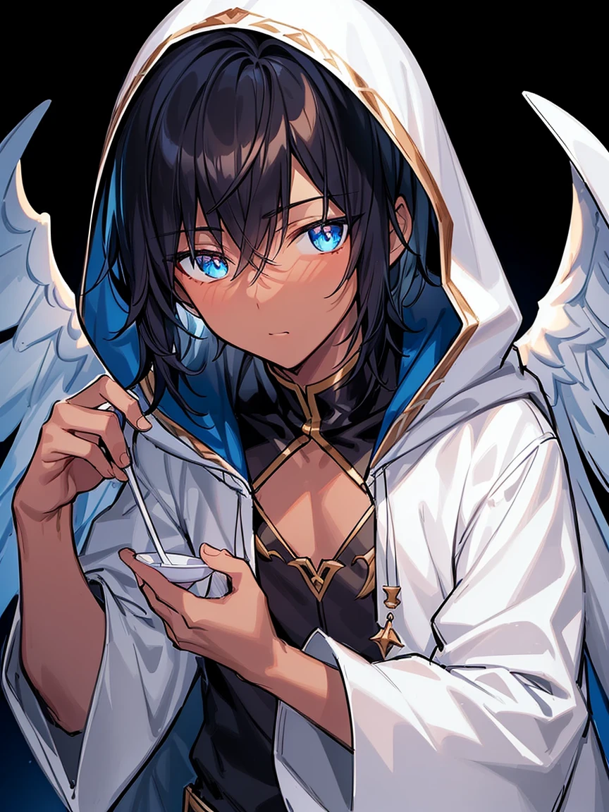 ((tmasterpiece, Best quality at best)), 详细的脸, be full of details, The is very detailed, Depth-of-fie, many parts, 1boys, young male, eBlue eyes, ((Dark skin)), the angel's wings, Eau, white pantie, Blue hooded jacket, longer sleeves, Wear a hood, Wear a hood, with short black hair, Keep your mouth shut