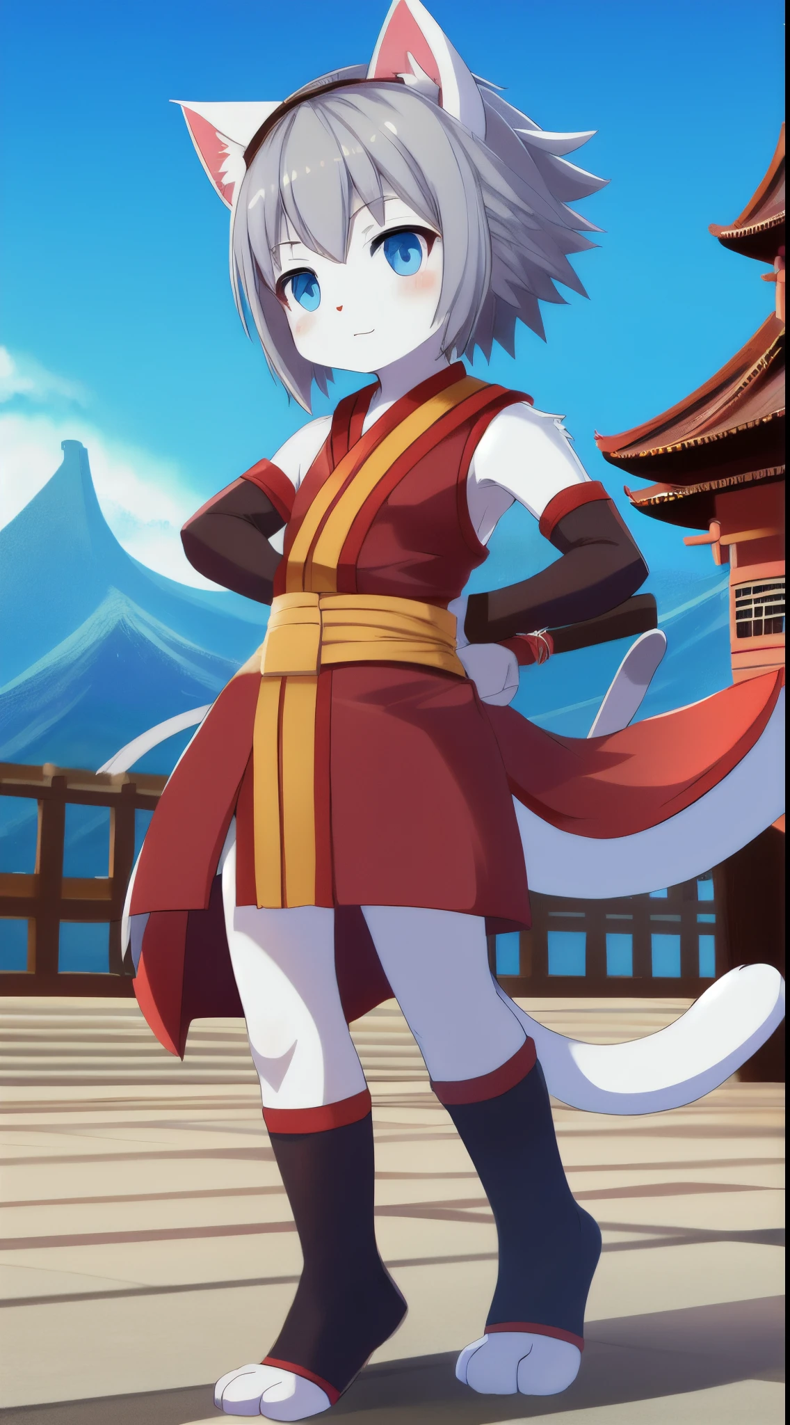 Furry girl, cat, young, gray hair, spiky hairstyle, spiky bangs, blue eyes, small breasts, white body fur, detailed body, detailed face, detailed eyes, glistering body, shiny body, gorgeous body, feets whit three toes, masterpiece, high quality, anime style, red headband, red kimono, sleeveless, kunoichi clothes, full body, standing, :3, japanese castle, mountain, clear sky, kunoichi socks, kunoichi gloves, kunoichi stance,