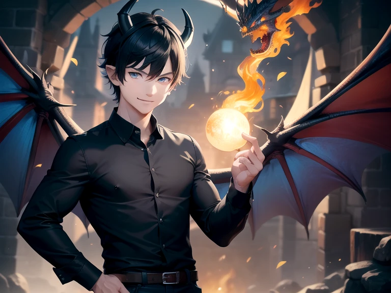 1boy, short black hair, Blue Eyes, wearing pants, black shirt, Dragon Wing, Dragon Ears and Horns, Dragon Blue Fire, standing, muscular, smile, town, masterpiece, looking at viewer