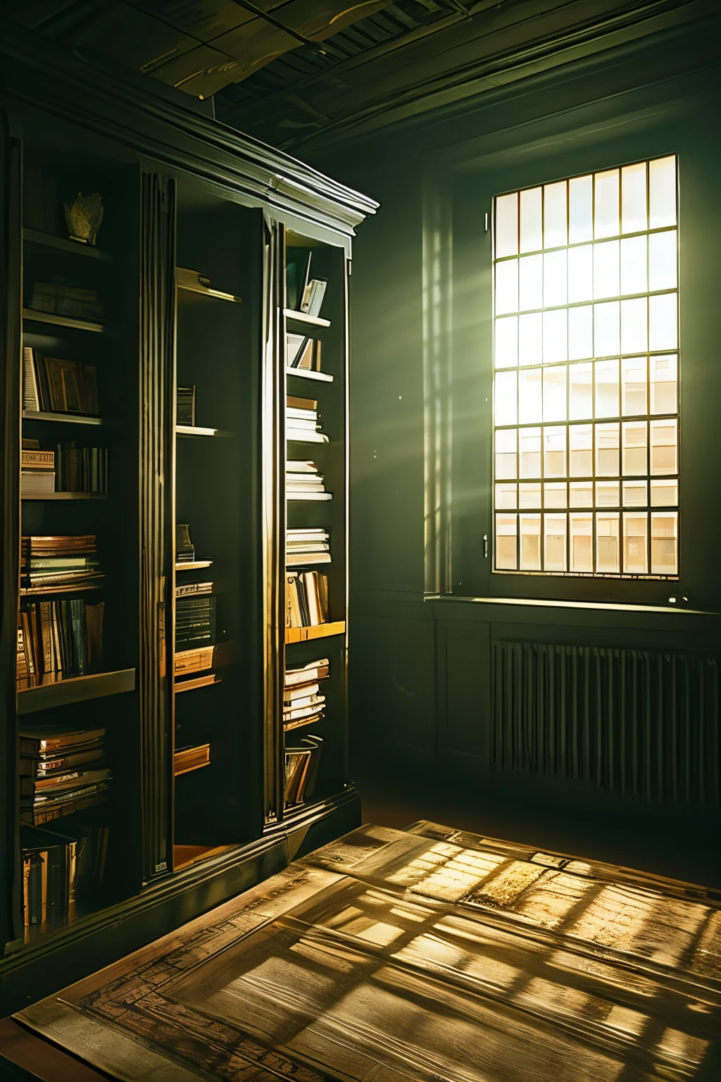bookcase There are many books lined up Table in the foreground science tools darkened room Large table map exploration underground room from the front side murky The light source is electric light Viewing light that does not let sunlight in natta realisitic detective room Dark private room no person moderno abajour