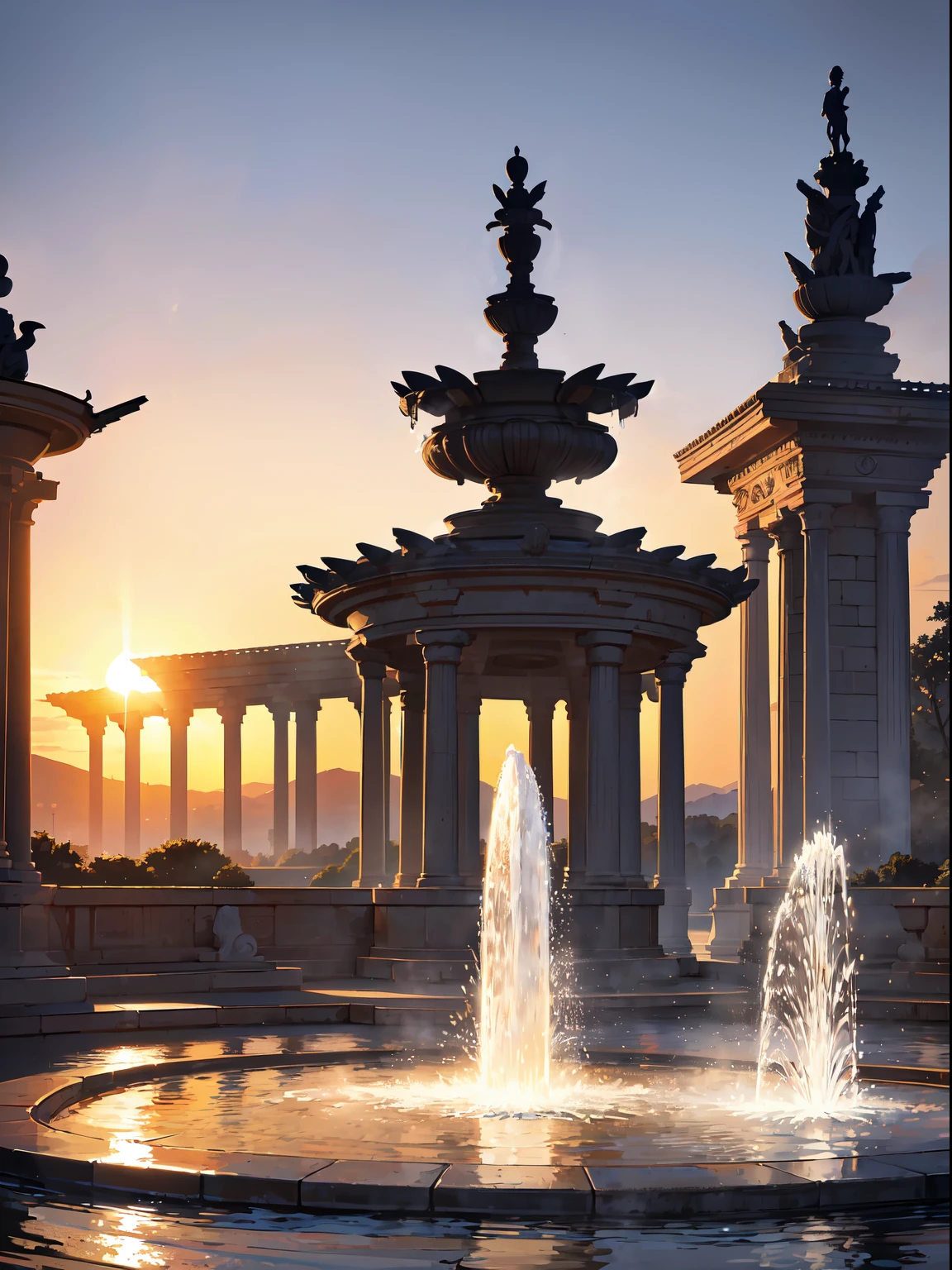 RAW Photos, Best Quality), (animesque:1.2), (((Landscape of large round fountain))), (There are beautiful carvings on the pillars of the fountain.:1.5), Water is blowing up in all directions:1.5, (fish-eye lens), (The water of the fountain emits a fantastic light), (((Silhouette created by the setting sun))), Majestic atmosphere, realistic light and shadow, 8K分辨率, 16k super high quality、