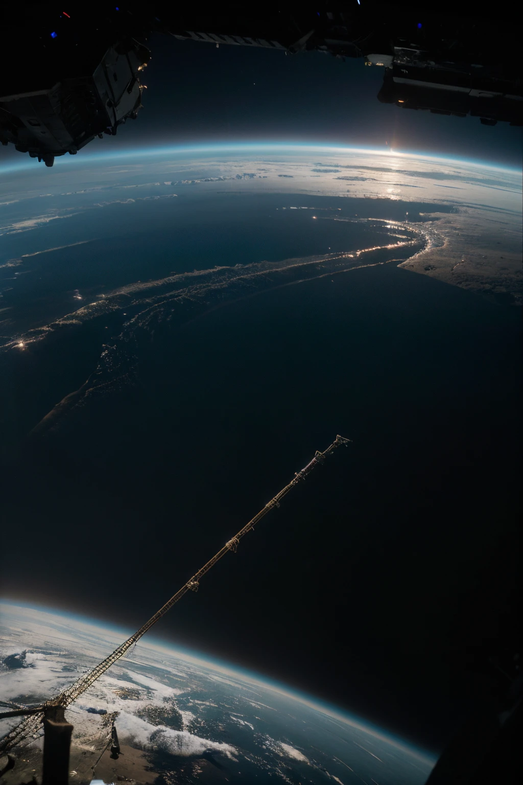 Visualize a dramatic and catastrophic scene where the Earth, as viewed from space, is bound together by countless cable ties (zip ties) that are beginning to snap. Capture this moment of imminent disaster in a photorealistic style, emphasizing the horror and impending danger. The image should show a close-up of the breaking cable ties against the backdrop of the planet, highlighting the detailed textures of the strained plastic and the vastness of space around it. The lighting should be dramatic and volumetric, casting stark shadows and highlighting the tension in the scene. The overall mood is post-apocalyptic, conveying a sense of foreboding and the fragility of our planet.