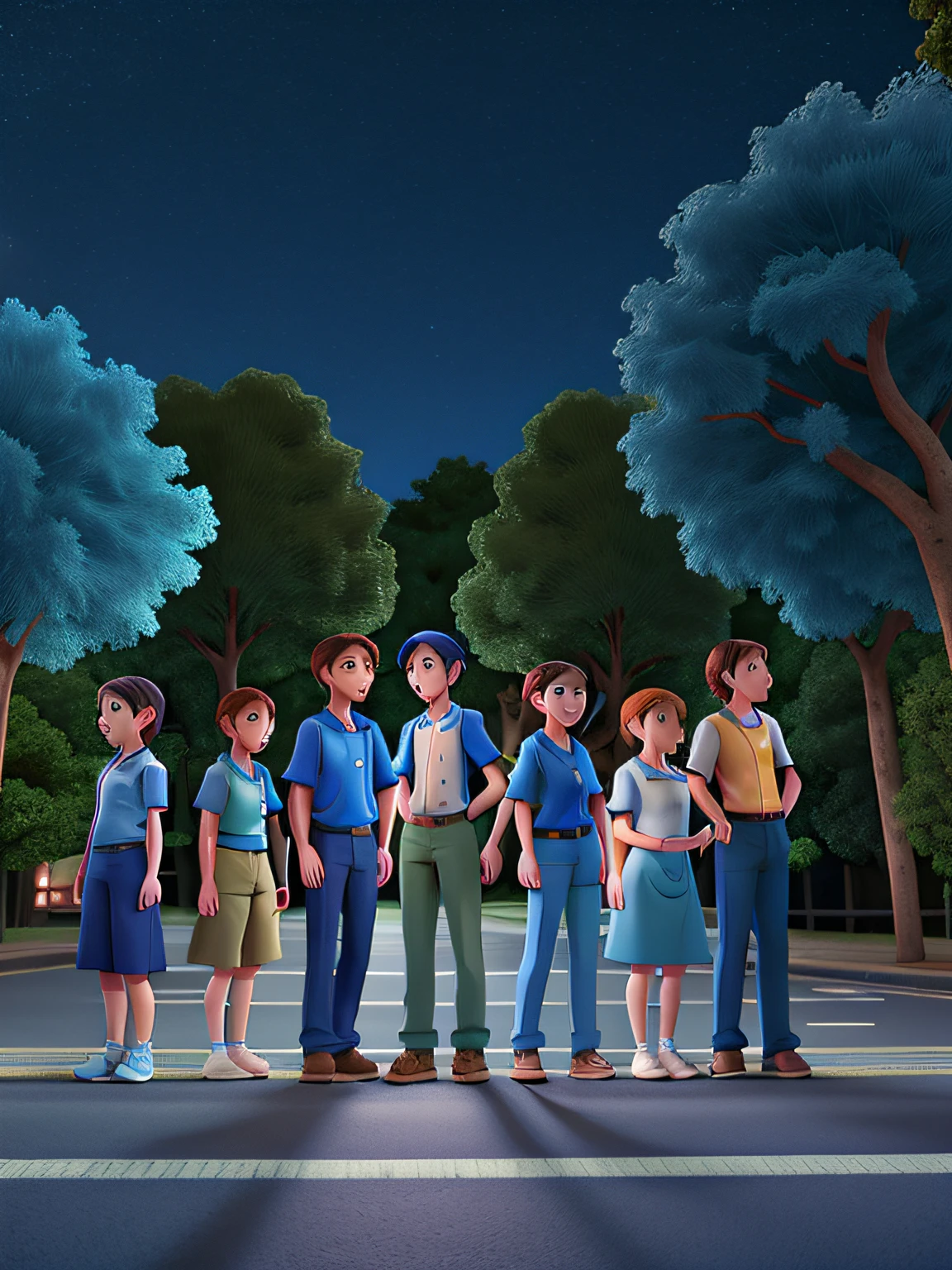6 people standing on a crosswalk at night, taken in the night, the first person from the left wears a blue polo and black pants. the second person from the left wears a blue fitted top and khaki trousers. the third person from the left wears a blue dress. The fourth person from the left wears a blue tube, a white cardigan, and blue trousers. the fifth person from the left wears a blue dress and a white cardigan. the sixth person from the left wears a blue shirt and white pants. the last person wears a blue shirt and black pants. photo taken at night, outdoor photo, people are close to each other