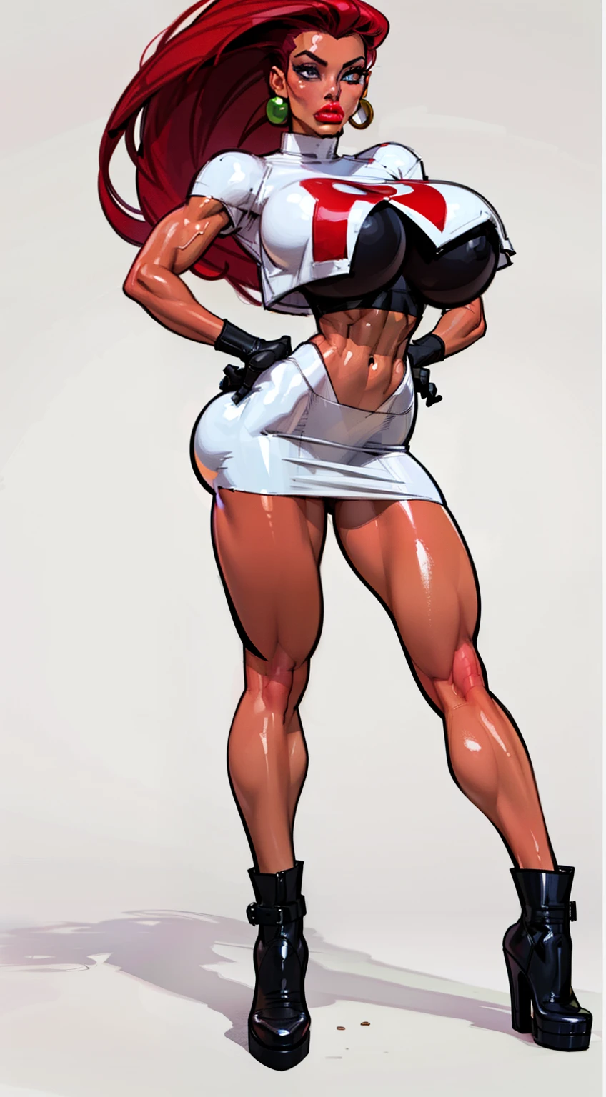((masterpiece)),(((best quality))),((character design sheet)), Pokémon character Jessie, (team rocket uniform) ((Jessie)), ((full body view)) mature face, (red violet hair),((asian eyes:1.4)), (long black boots), (slicked back hair), defined cheekbones, high cheekbones, illustration, muscular, sexy bimbo, (gigantic breasts:1.3) red hair, ((detailed face:1.4)) beautiful woman, (black gloves :1.2), (white skin:1.4) , (red lipstick:1.4), shiny skin, scribbles and marks,(puffy lips:1.4) , (giant red R on shirt), rough sketches, pose, 8k,16k, (simple background, white background: 1.3) ((cool color palette)), ((white crop top, white skirt))