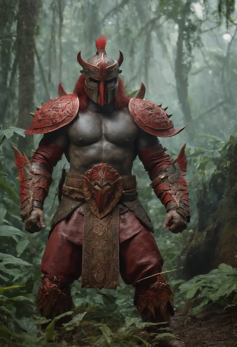 Envision a riveting scene set in an ancient age, where a formidable warrior stands face-to-face with the final boss in the heart of a dense jungle. The atmosphere is cloaked in realism, with an otherworldly touch as red fog weaves through the ancient foliage, creating an ominous and surreal ambiance.

The warrior, donned in battle-worn armor, stands resolute, facing the imposing final boss. The jungle's realism is heightened by intricate details, from ancient trees to overgrown vines, transporting viewers to a bygone era. The red fog, both atmospheric and menacing, adds an element of mystique, shrouding the confrontation in an eerie hue.

This professionally envisioned scene captures the essence of an epic battle between the warrior and the final boss in an ancient, realistic jungle setting. The red fog intensifies the drama, making it a visually stunning and immersive portrayal of a pivotal moment in an epic saga.