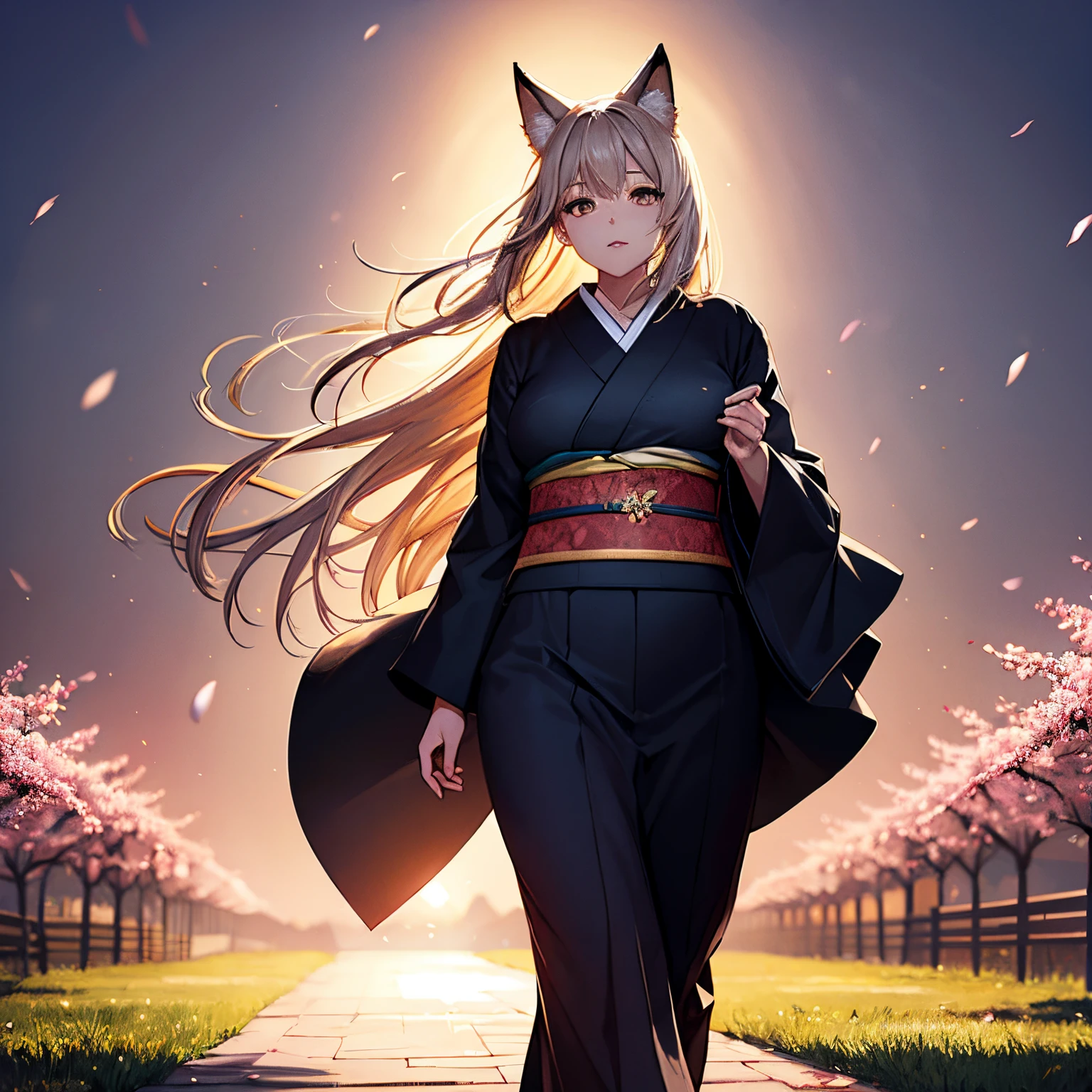 (Best Quality,8K,ultra-detailliert),Golden Fox,Lots of Tails,Golden Eyes,length hair,Golden hair,a large amount of hair,1人の女性,a matural female,large full breasts,Traditional kimono,Black kimono,a lot of big fox tails,(Golden Eyes、Fox ears、length hair、Golden hair,Hair flowing in the wind),Beautiful face,(Standing and walking in the distance,Detailed face),Big Cherry, Lots of cherry blossoms,Shining cherry blossoms,Luminous Tree, the tree shines,tree made of light,cherry blossoms made of light,Luminous Tree, magical light, (Best Quality, hight resolution),Ultra-detailed, Vibrant colors, Bokeh,landscape, Soft lighting