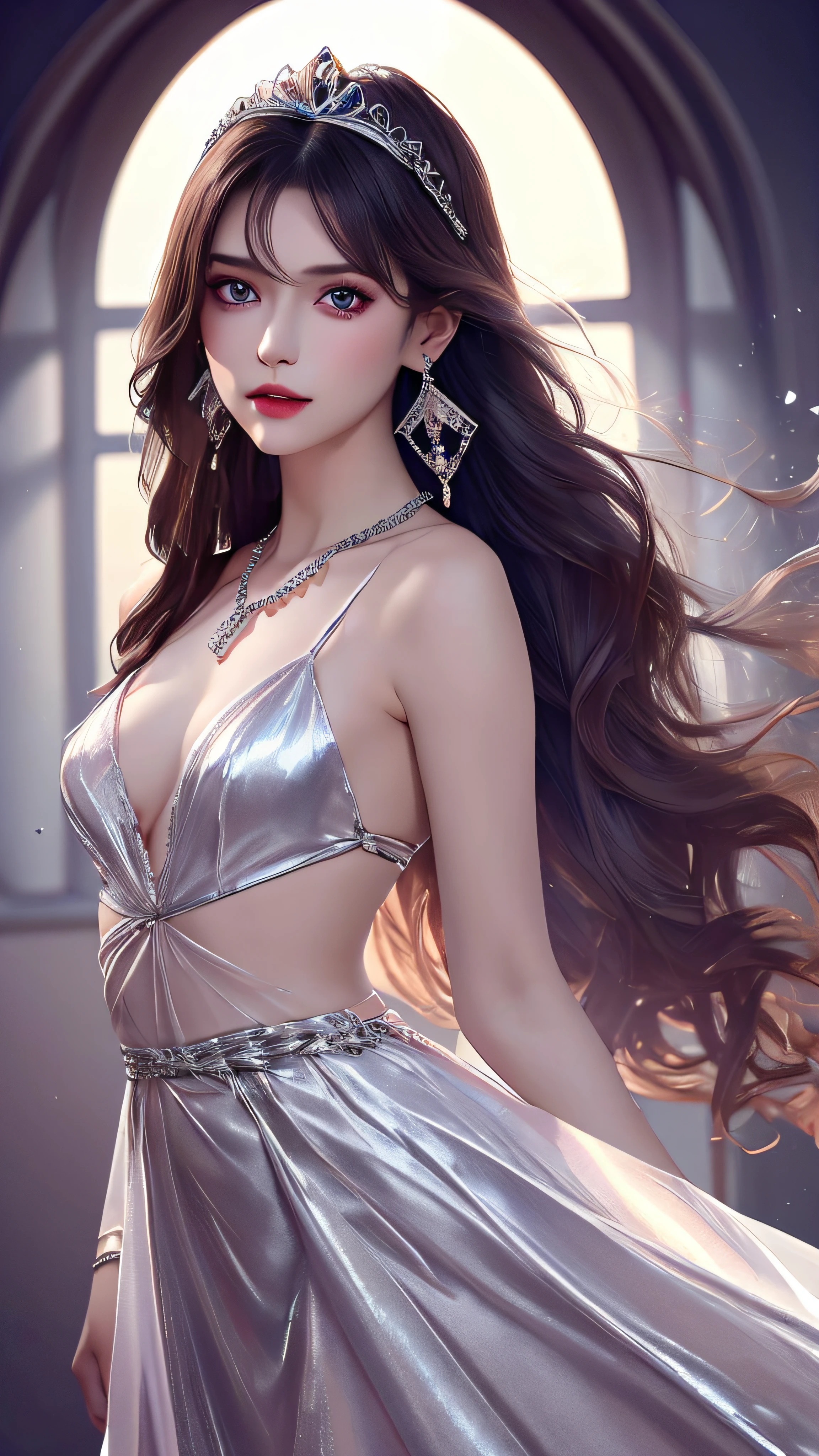 4k, ultra hd, masterpiece, 1 girl, detailed eyes, very long hair, spreading hair, hair ornaments, glossy lips, silver princess dress, lace, criss-cross strap dress, bare waist, small breasts, jwellery, earring, necklace, high lighting, dark shadow, window background, blowing iar, realistic effect, very beautiful background, crystals,