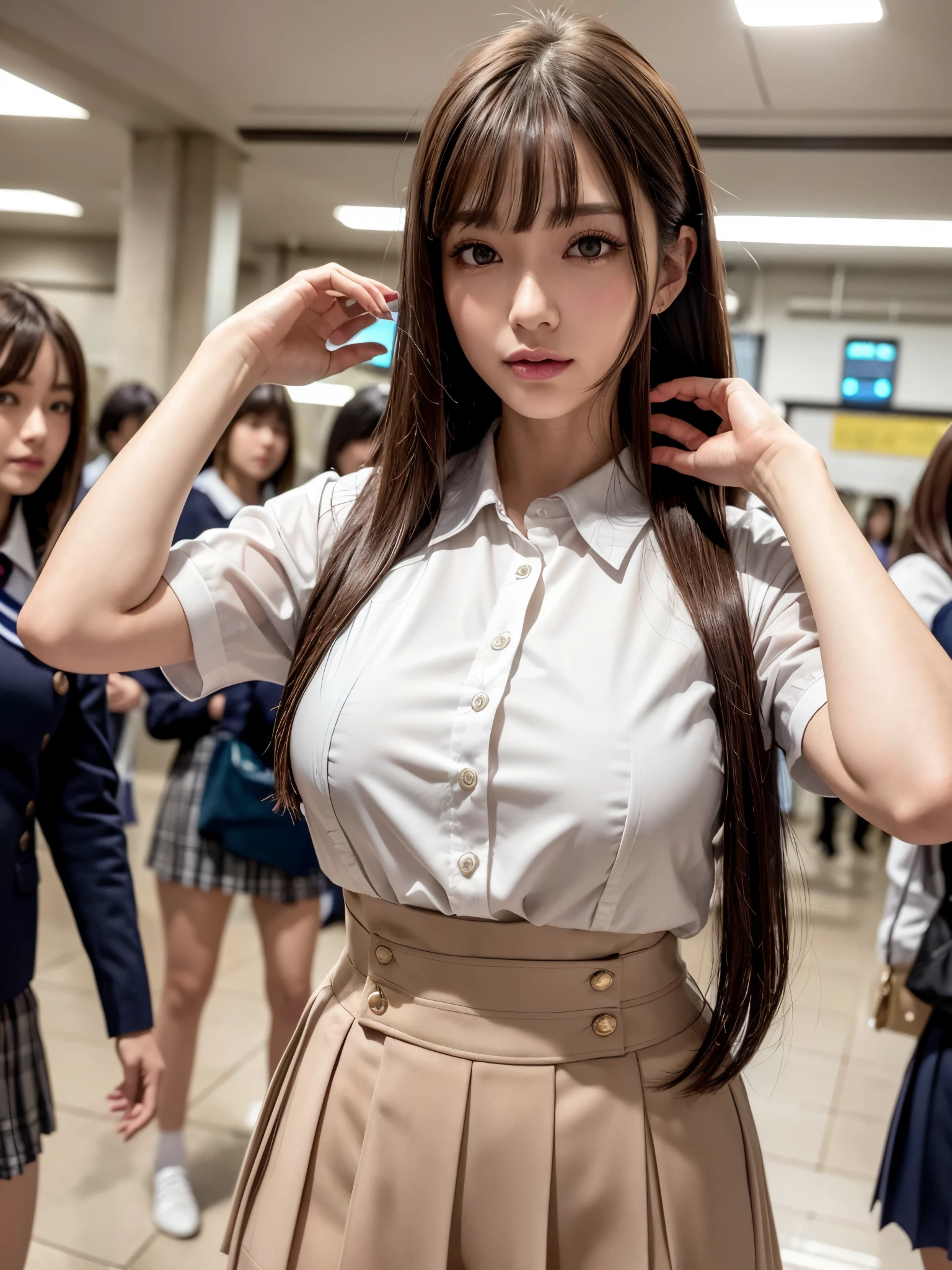 1girl, (solo), blush, (seductive smile:1.3), (15 years old), (big breast:1.5), ((beautiful anime eyes with fine detail)), realistic skin, ((sailor suit)), (Navy blue pleated mini skirt), nsfw, ((skirt lift:1.5)), lace panties, beauty of slender female legs, (thigh-high socks), Subway train interior background, in a crowded train, (Lots of men on the train), men’s slacks, man standing behind a girl