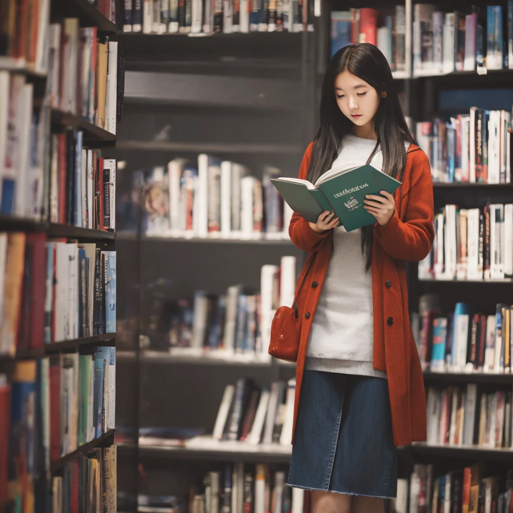 Female college student standing and reading a book, no background