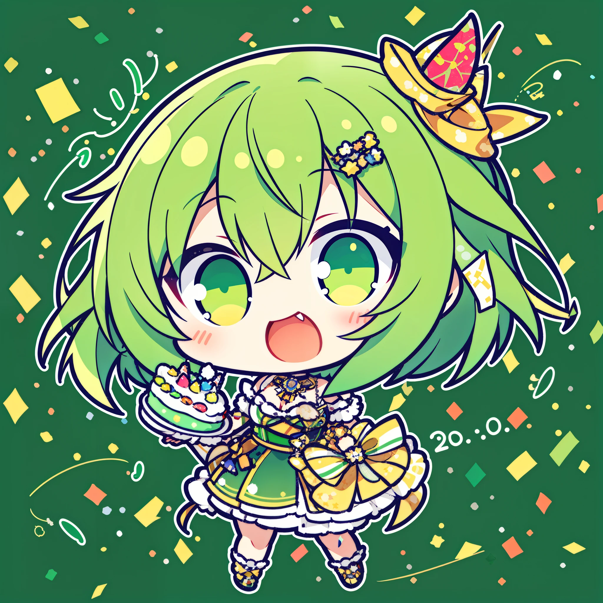 1girl, chibi, green hair, yellow eyes, detailed beautiful face and glowing eyes, full body, happy birthday, birthday, banner, (confetti),cake, birthday cake, cake slice, 8k, ultra detail, very complicated background