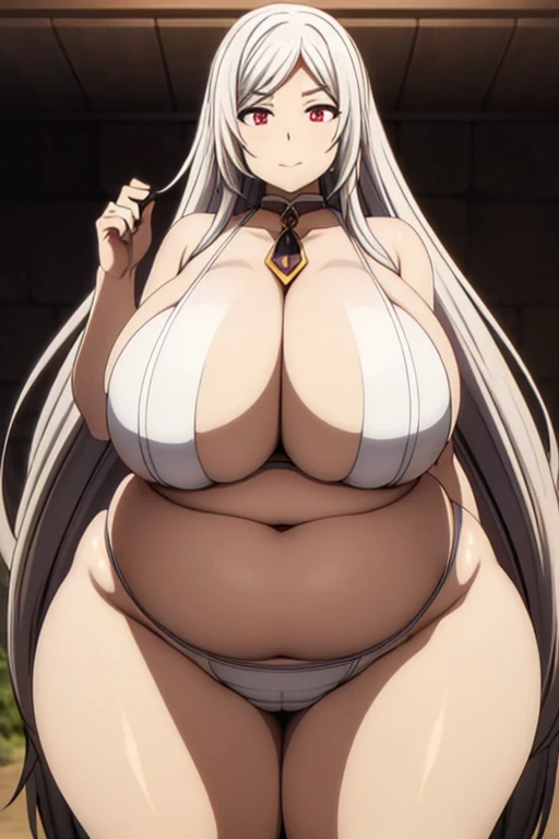 1 garota, middle boobs, Muscular legs, Muscle belly, barefoot, standing on her feet, de biquini, Alexia Midgar de The Eminence In Shadow, On the beach at night with starry sky and full moon, foto de corpo inteiro, white hair, long hair, eye reflection, glowing eyes, sparkling eyes, bloodshot eyes, evil smile, anime, Minimalism, anime style, cinematic lighting, sparkle, jpeg artifacts, glowing light, god rays, ray tracing, reflection light, image fill, chart, chart, panorama, UHD, masterpiece, retina, ccurate, anatomically correct, textured skin, super detail, highres, 16k, best quality, chubby, big baloons, she has a jiggly fat round belly, ssbbw, ((natural big body)),(((natural the biggest ass))), (((massive fat thick natural belly))), (((oversized gigantic stomach)), ((massive tits)), she has a jiggly fat round belly, ssbbw, ((natural big body)), (((massive fat thick natural belly))), (((oversized gigantic stomach))), 1gir