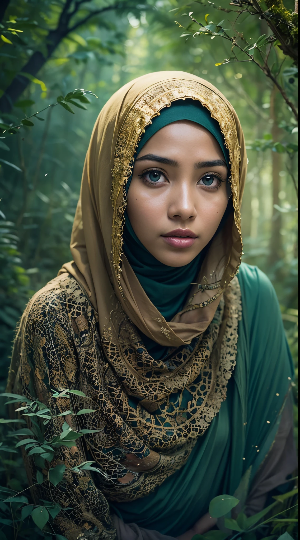 Craft a captivating photomanipulation with the Malay girl in hijab as the main character, set in a mystical and enchanted forest. Draw inspiration from scenes in fantasy classics like 'The Lord of the Rings,' emphasizing magic and wonder.
