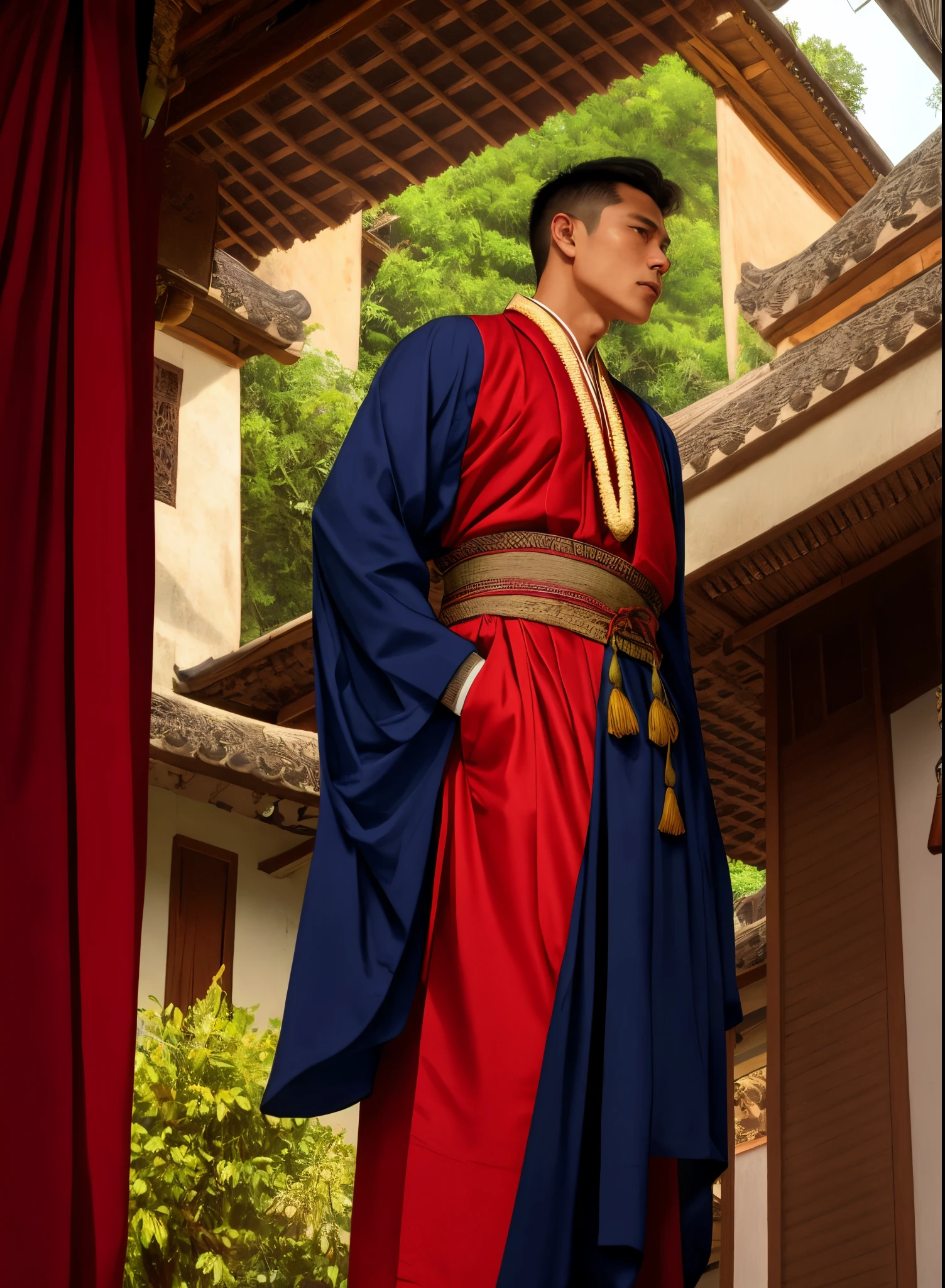 mature man with undercut blonde hair and brown eyes, has a firm jawline or flat cheeks and a firm jaw and an athletic body, wearing traditional Javanese clothes without a balcony with a black studio background