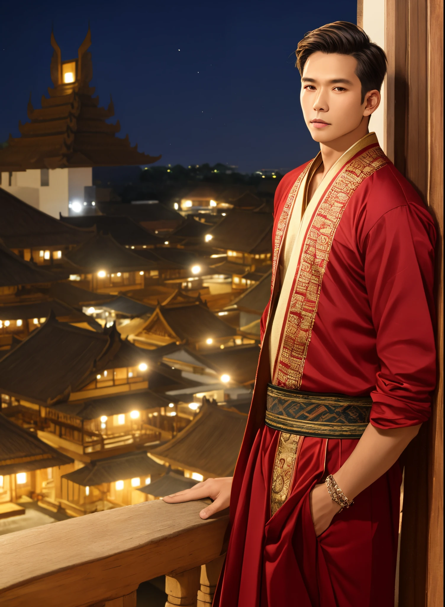 mature man with undercut blonde hair and brown eyes, has a firm jawline or flat cheeks and a firm jaw and an athletic body, wearing traditional Javanese clothes without a balcony with a black studio background