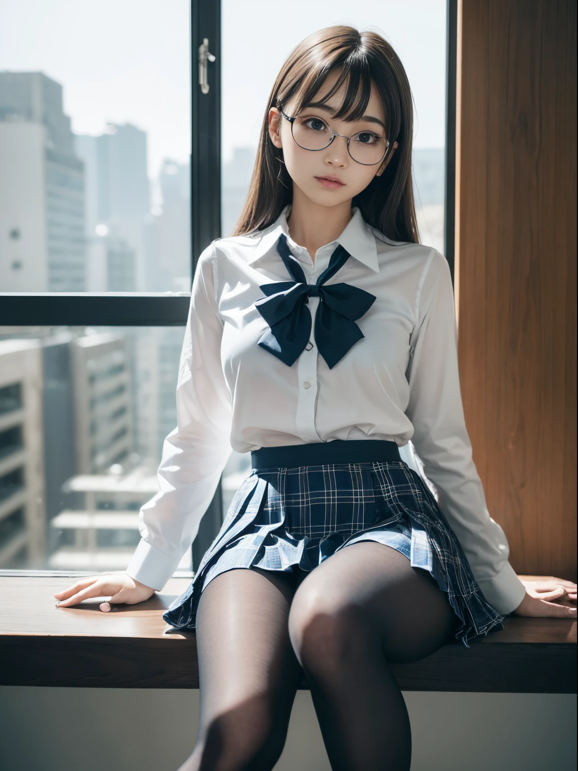(itting open legs)、(I see underwear)、((Narrow-eyed))、((Narrow-eyed))、((Narrow-eyed))、(8K、Raw photography、top-quality、masterpiece:1.2),、Has a small、(flat breast)、(flat breast)、(flat breast)、(flat breast)、(flat breast)、(being thin)、light skinned、skin whitening、Dark look、Rasping,glamor,Chromo-white skin,cocky,School,watching at viewers,Looking at the front,Muchimuchi,High-pitched clothing,Erotic,Pupils,de pele branca,kne,((Black pantyhose)),absurderes,a small face,,Forehead visible,Bangs hanging from the left and right sides of the forehead,(a cold expression,Tight eyes,glares,Bullish,irate)、masterpiece,top-quality、超A high resolution,Raw photo,ren,Beautiful fece,One Person, 独奏,eye glass,,Dark look,Small breasts,fullllbody,Round glasses,JK school uniform,hi-school girl,A Japanese Lady, (Photorealsitic:1.37)、Photon mapping,Realistic、Beautie,Cute little face,Brown-eyed、Black socks、(Red bow tie)、Radio City、Physically Based Rendering、depth of field rally background、a picture,Body,beauty legs, Long legs, Thin leg,(Bangs are visible), hair, s lips, Blue_The eye, nosesoft,(Light blue shirt), (Navy and blue and white plaid pleated skirt), Knees are visible,Sheer clothing,, Thigh, Black cotton socks,Nogizaka Idol, , Japanese ido