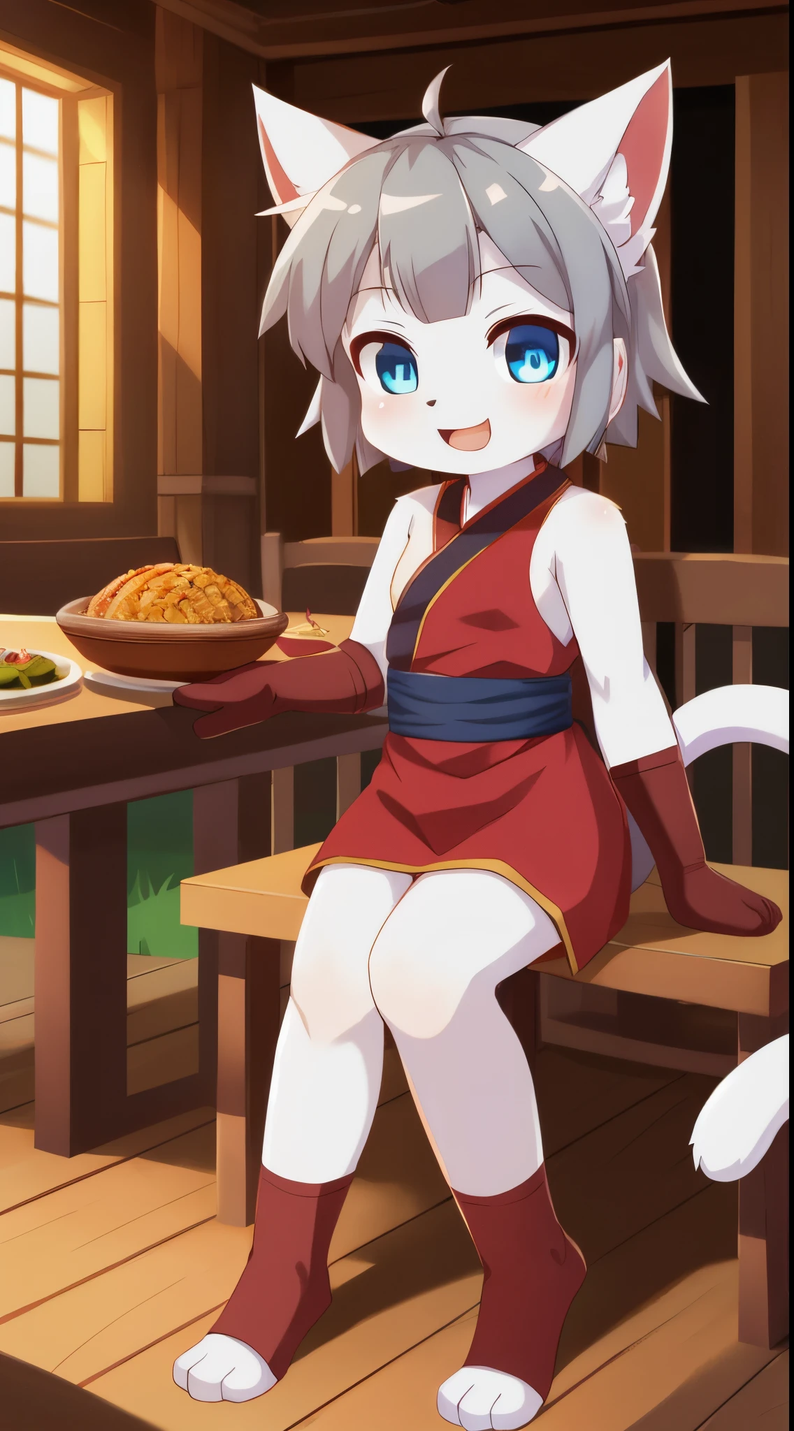 Furry girl, cat, young, gray hair, spiky hairstyle, spiky bangs, blue eyes, small breasts, white body fur, detailed body, detailed face, detailed eyes, glistering body, shiny body, gorgeous body, feets whit three toes, masterpiece, high quality, anime style, red headband, red kimono, sleeveless, kunoichi clothes, full body, standing, :3, open mouth, tavern, food on table, sitting on chair, kunoichi socks, kunoichi gloves,