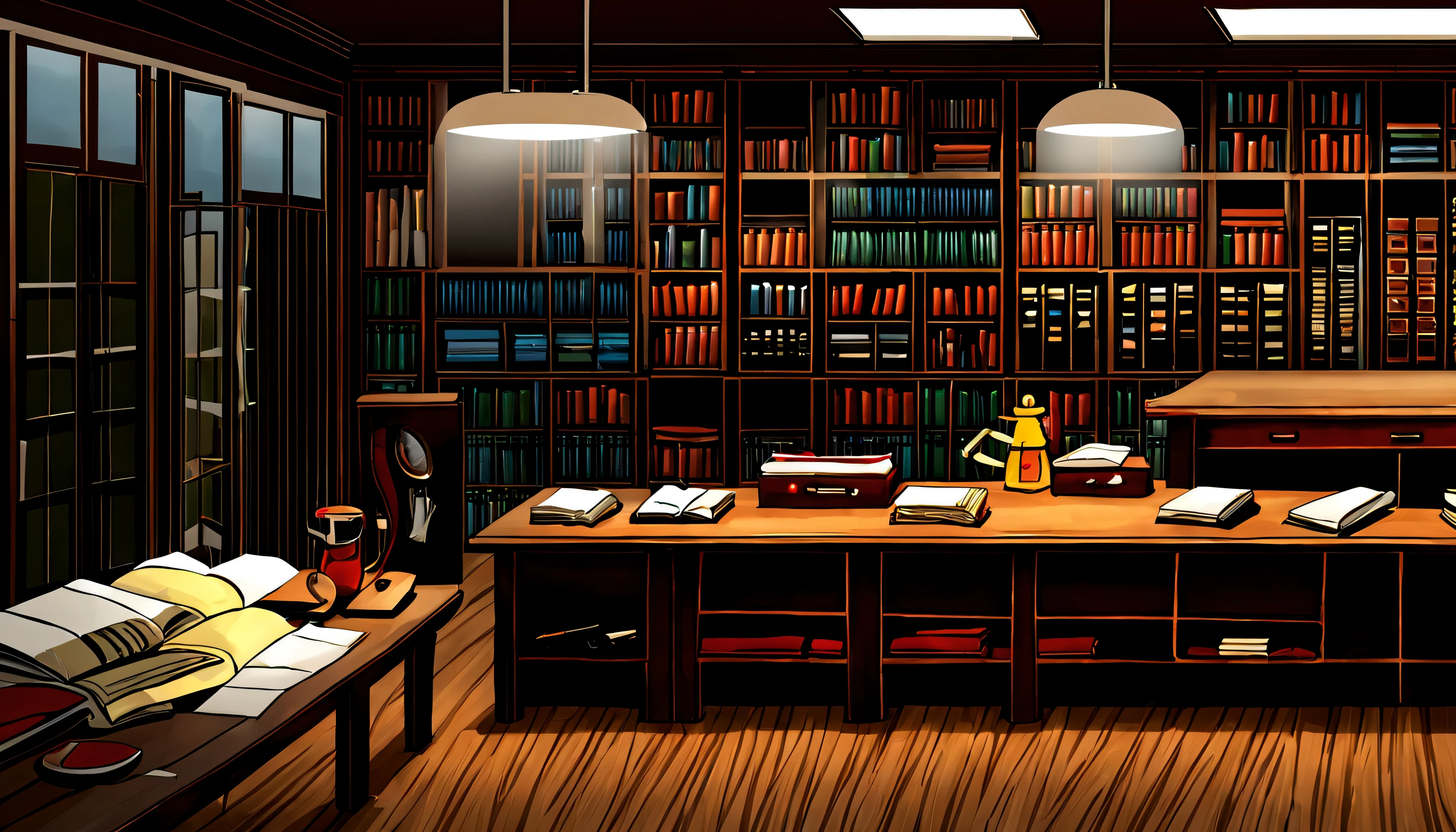 bookcase There are many books lined up Table in the foreground science tools darkened room Large table map exploration underground room from the front side murky The light source is electric light Viewing light that does not let sunlight in natta