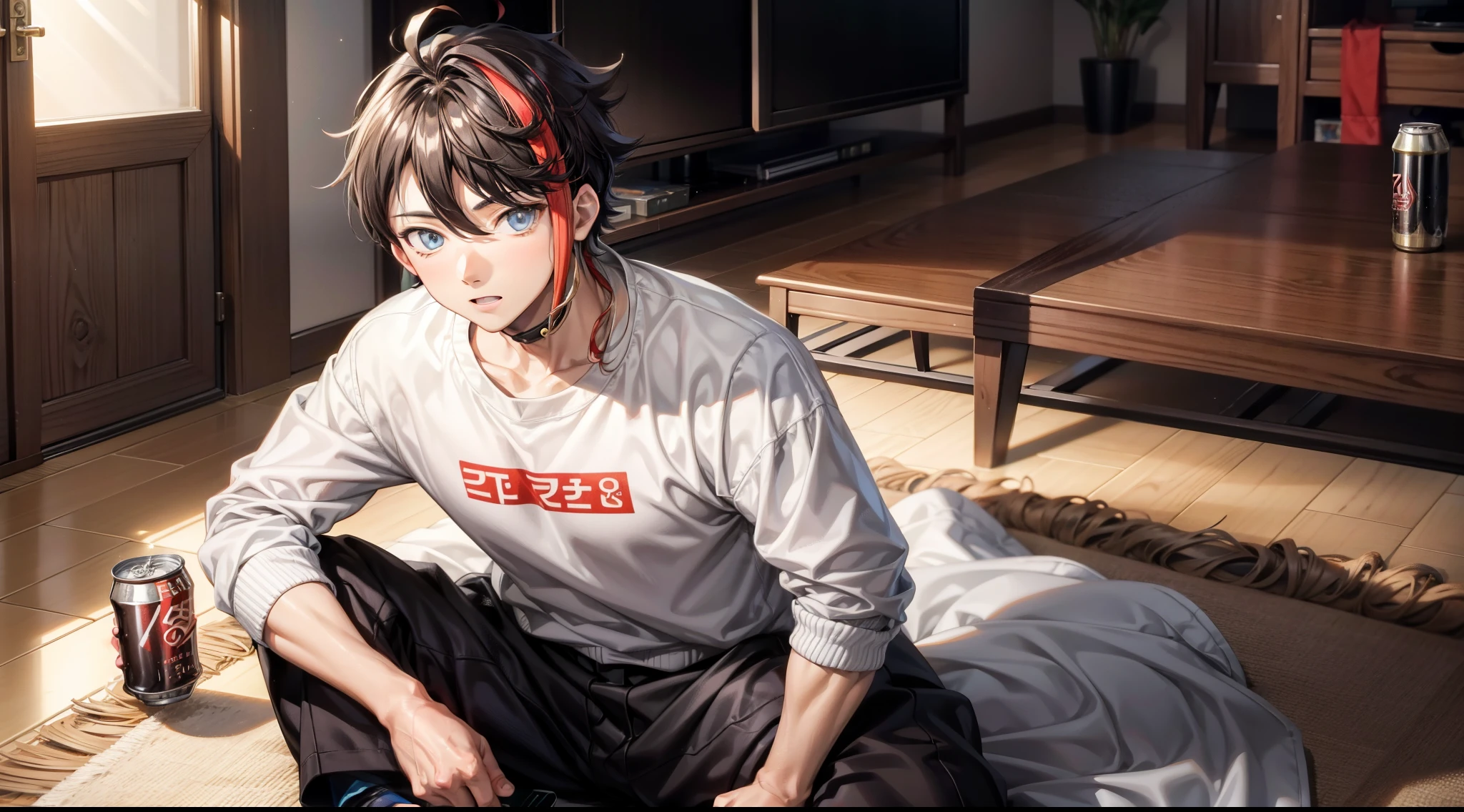 1boy, 8K quality, Best Quality, Akina Saegusa vtuber by NIJISANJI, in living room, sitting on the floor, evening time, Beer cans, handsome anime pose,