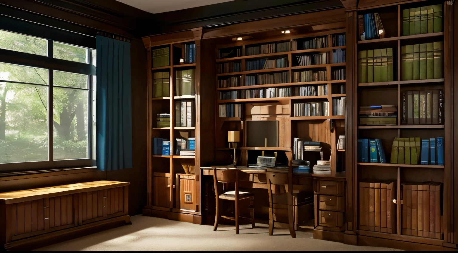 bookcase There are many books lined up Table in the foreground science tools darkened room Large table map exploration underground room