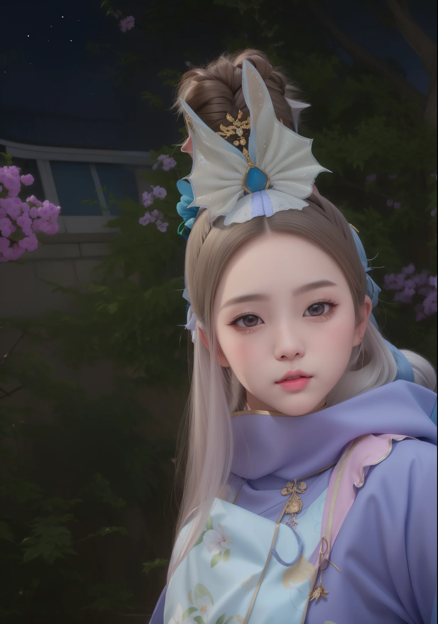 there is a woman with a cat on her head, inspired by Huang Ji, in game, with bunny ears, with big rabbit ears, her face looks like an orchid, silver hair (ponytail), inspired by Sim Sa-jeong, belle delphine, kawaii realistic portrait, with very highly detailed face, realistic. cheng yi, girl with cat ears
