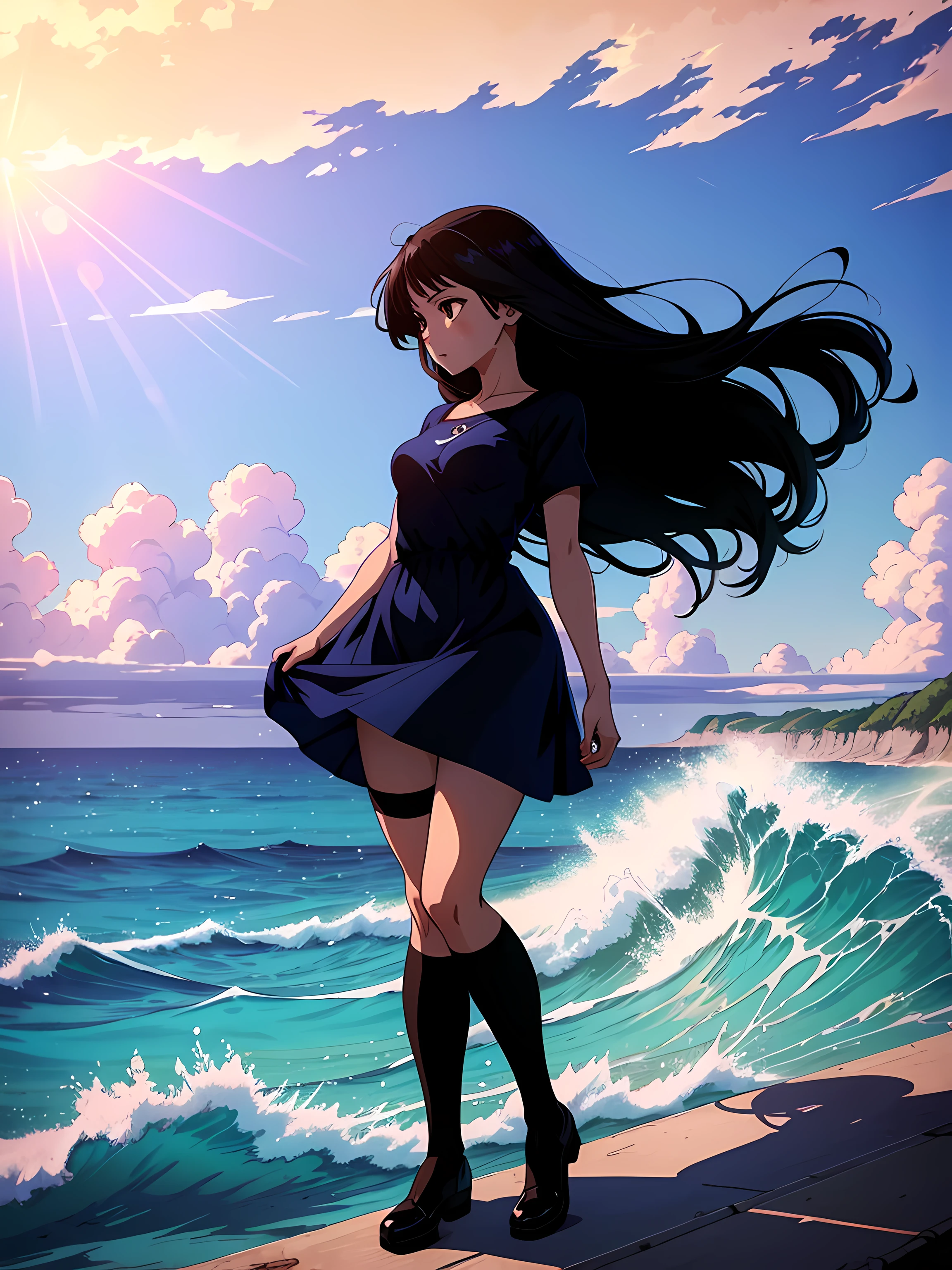 anime girl standing next to the ocean, beautiful blue sky, beautiful water, beautiful sunlight, (1girl), long black hair, brown eyes, small breasts, short sleeves blue dress, black stocking, amazing anime visuals, ultrasharp, masterpiece, high res, 8k