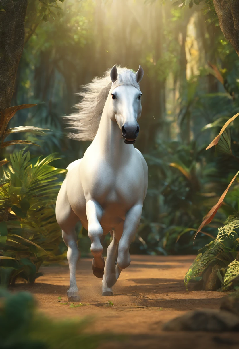 in jungle, A white horse, daz3d style, mesopotamian art, George Perez, Photorealistic photos