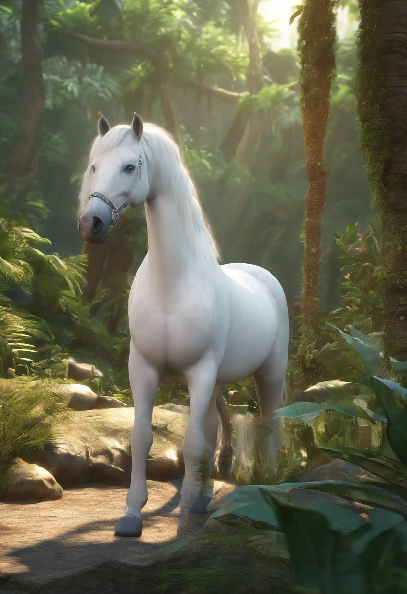 in jungle, A white horse, daz3d style, mesopotamian art, George Perez, Photorealistic photos