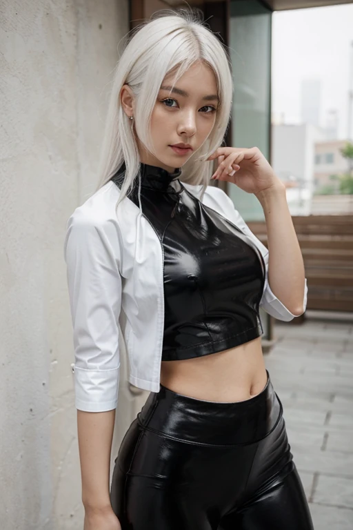 korean, black leather leggings, top shirt, white hair, beautiful,